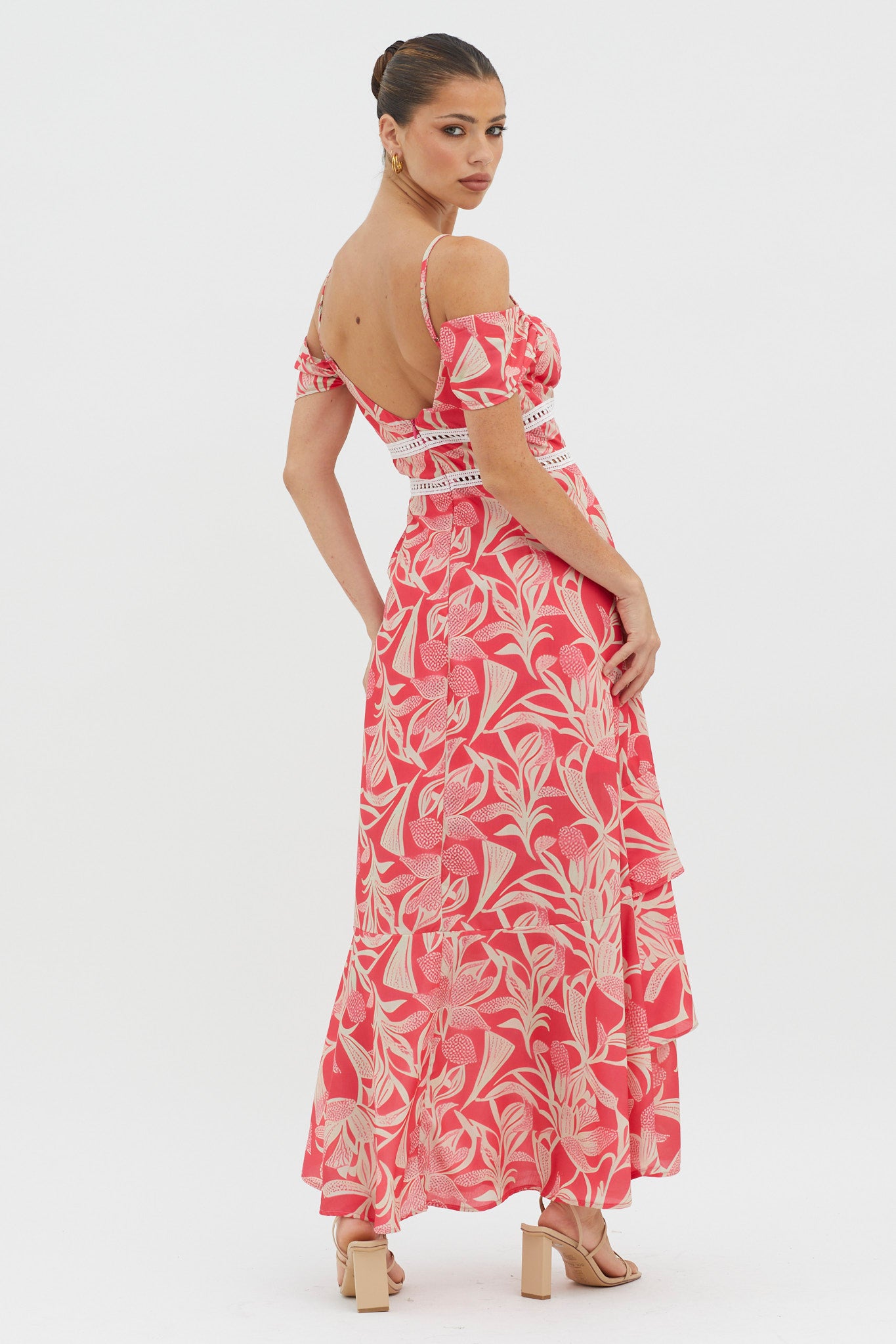Seina Off-Shoulder Crochet Trim Dress Print Red by Selfie Leslie Australia