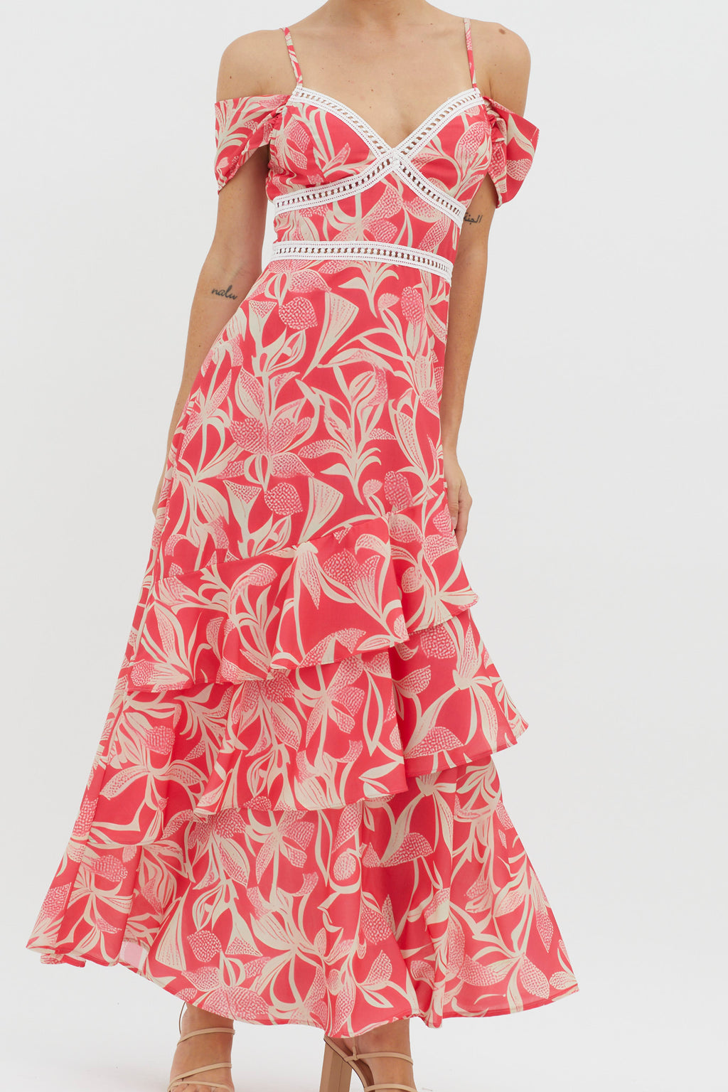 Seina Off-Shoulder Crochet Trim Dress Print Red by Selfie Leslie Australia