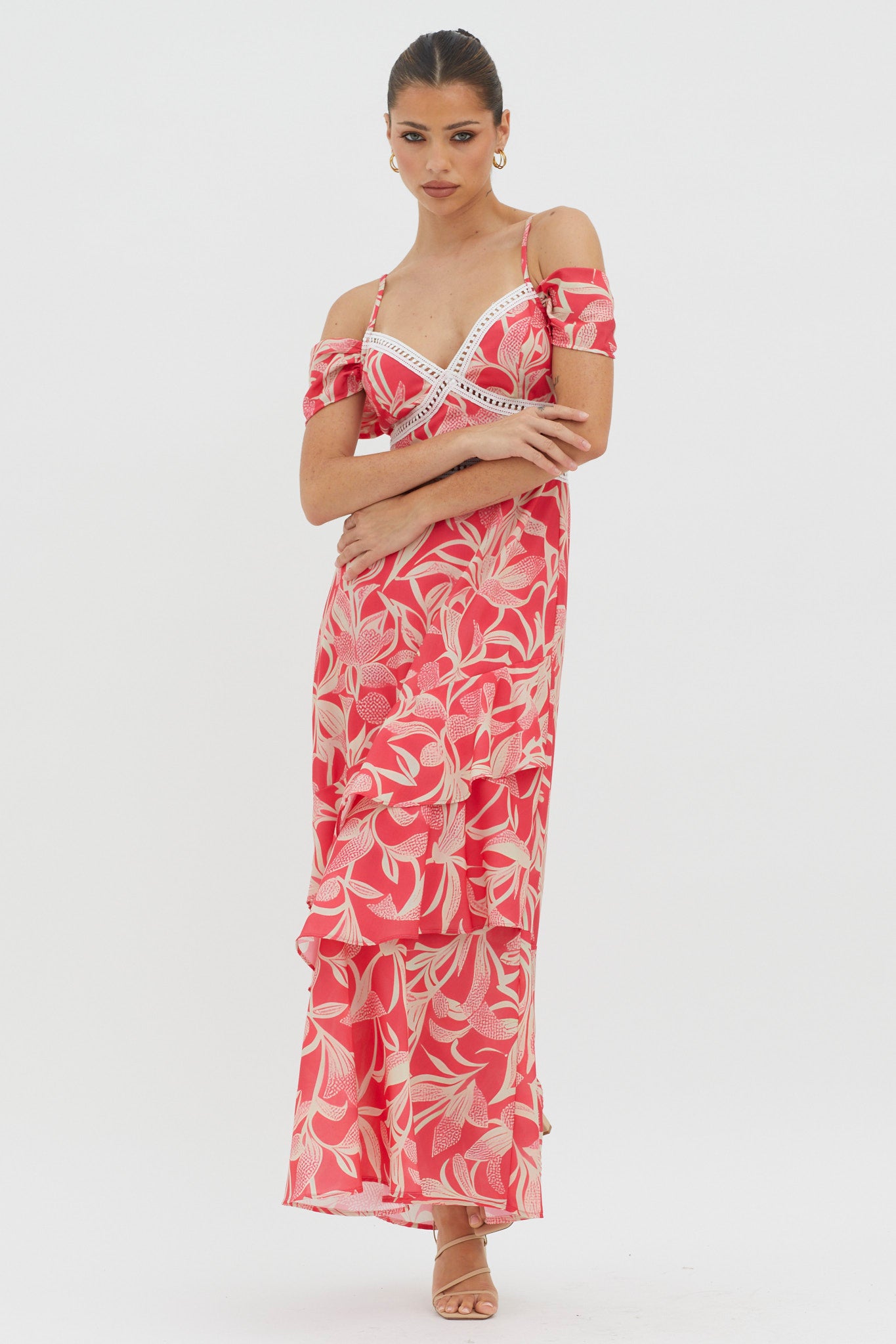 Seina Off-Shoulder Crochet Trim Dress Print Red by Selfie Leslie Australia