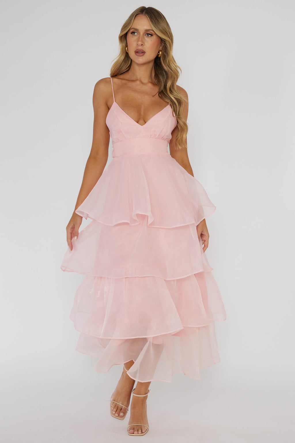 Made For You Tiered Ruffle Midi Dress Pink by Selfie Leslie Australia