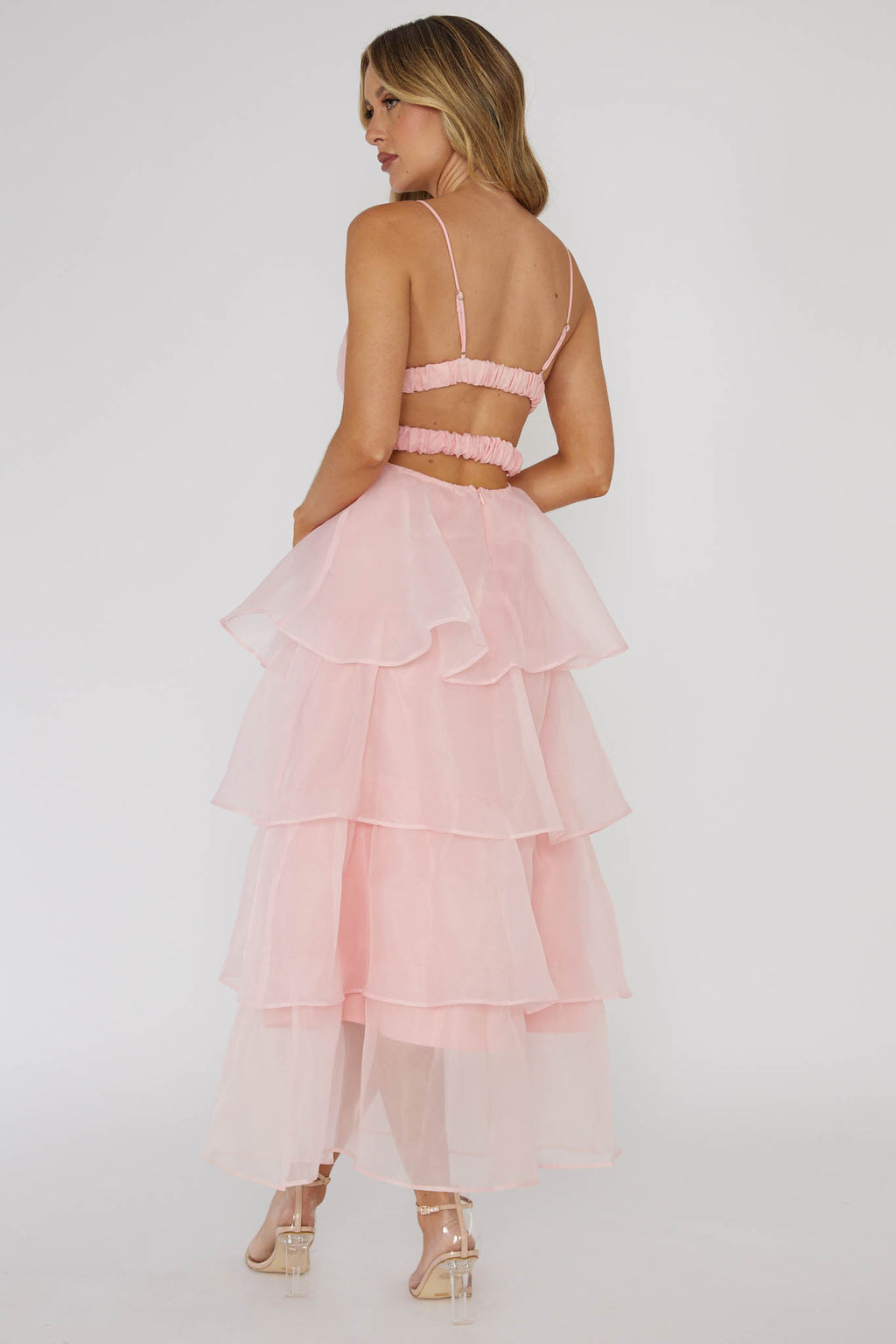 Made For You Tiered Ruffle Midi Dress Pink by Selfie Leslie Australia