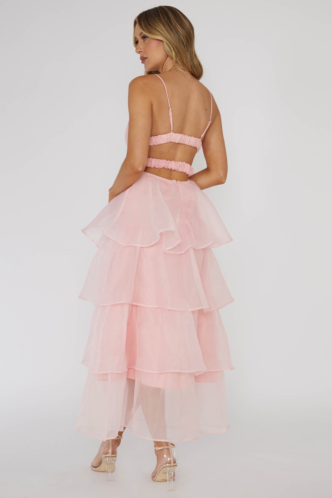 Made For You Tiered Ruffle Midi Dress Pink by Selfie Leslie Australia