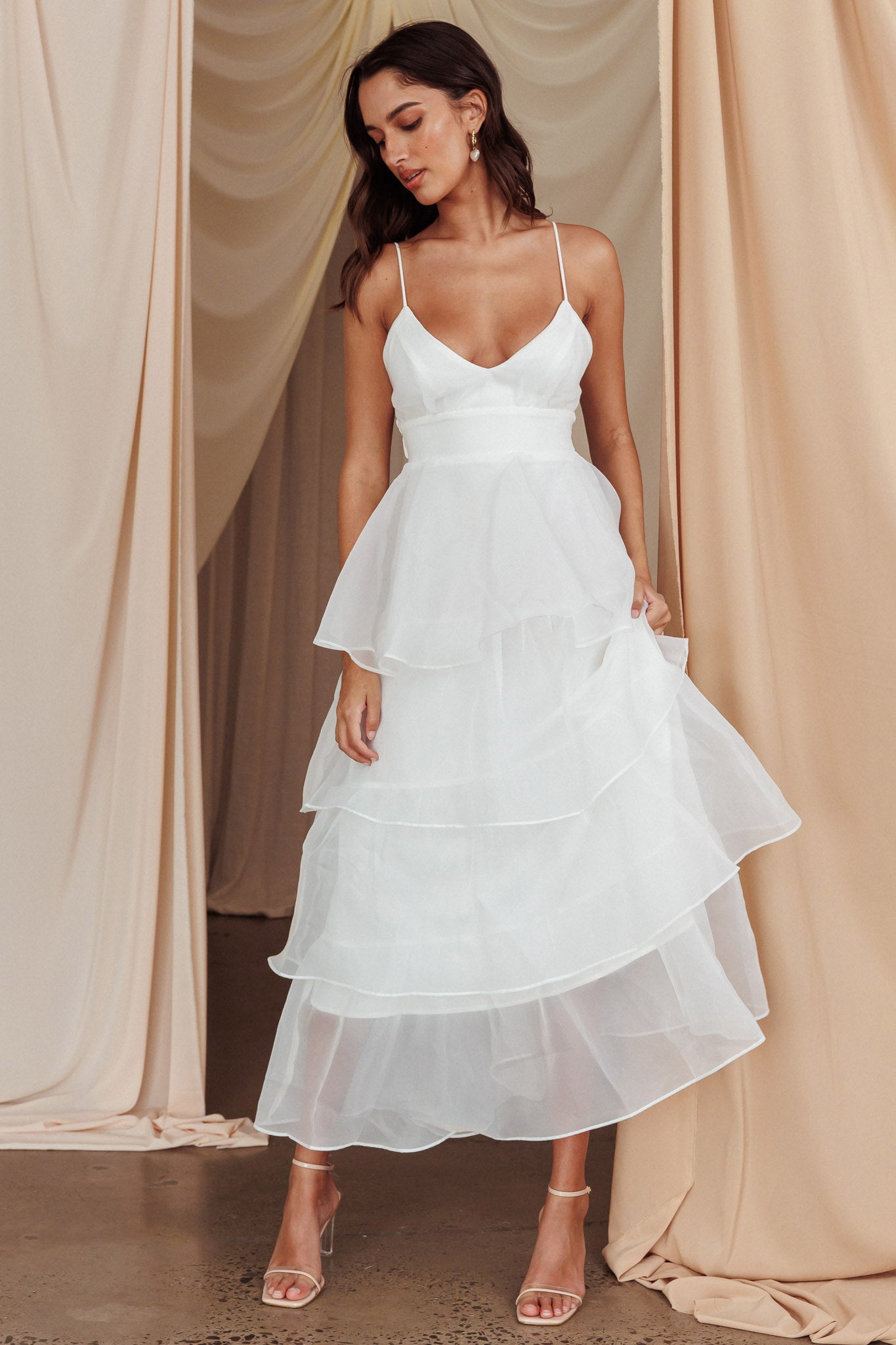 Made For You Tiered Ruffle Midi Dress White by Selfie Leslie Australia