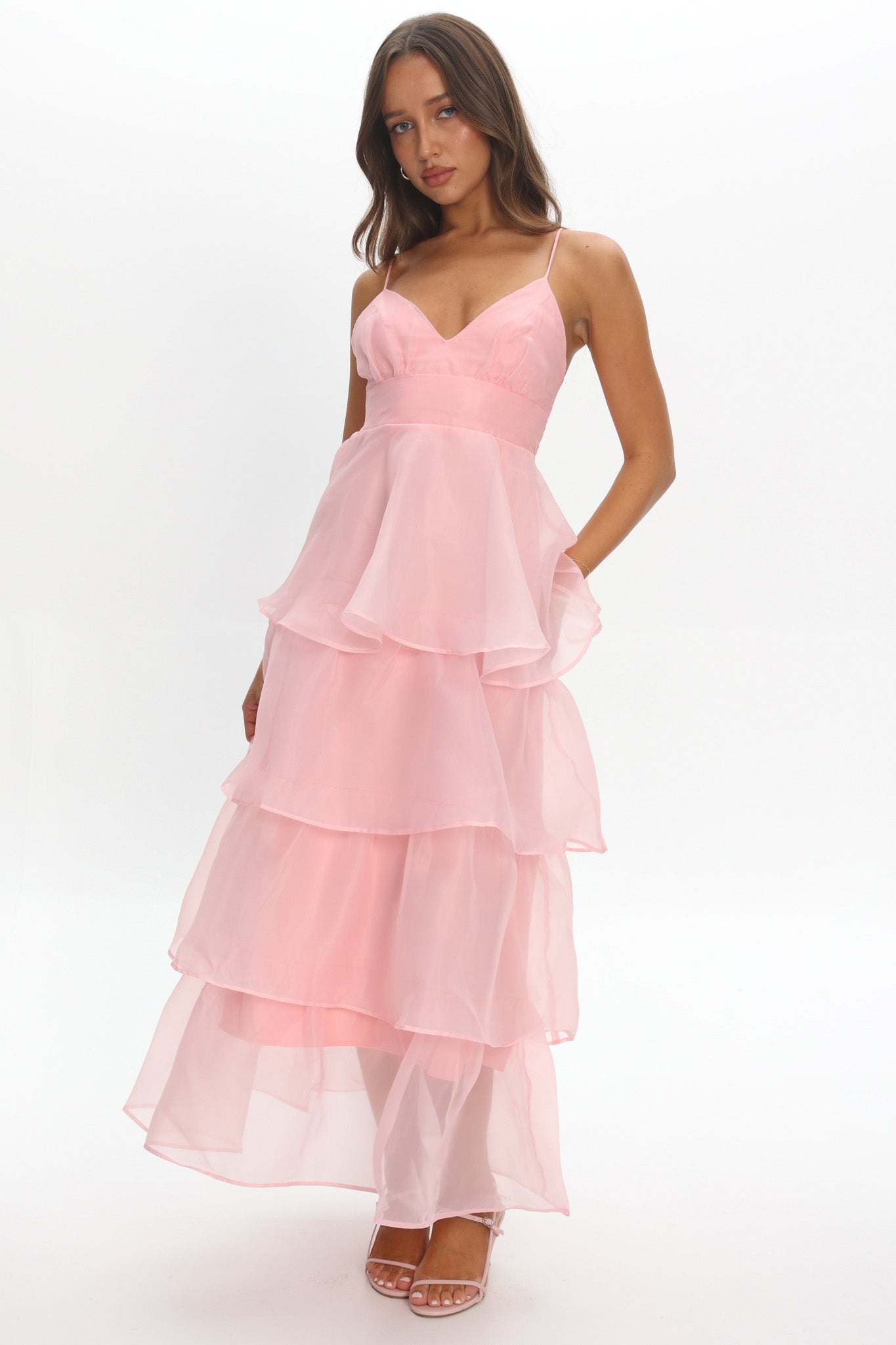 Made For You Tiered Ruffle Midi Dress Pink by Selfie Leslie Australia