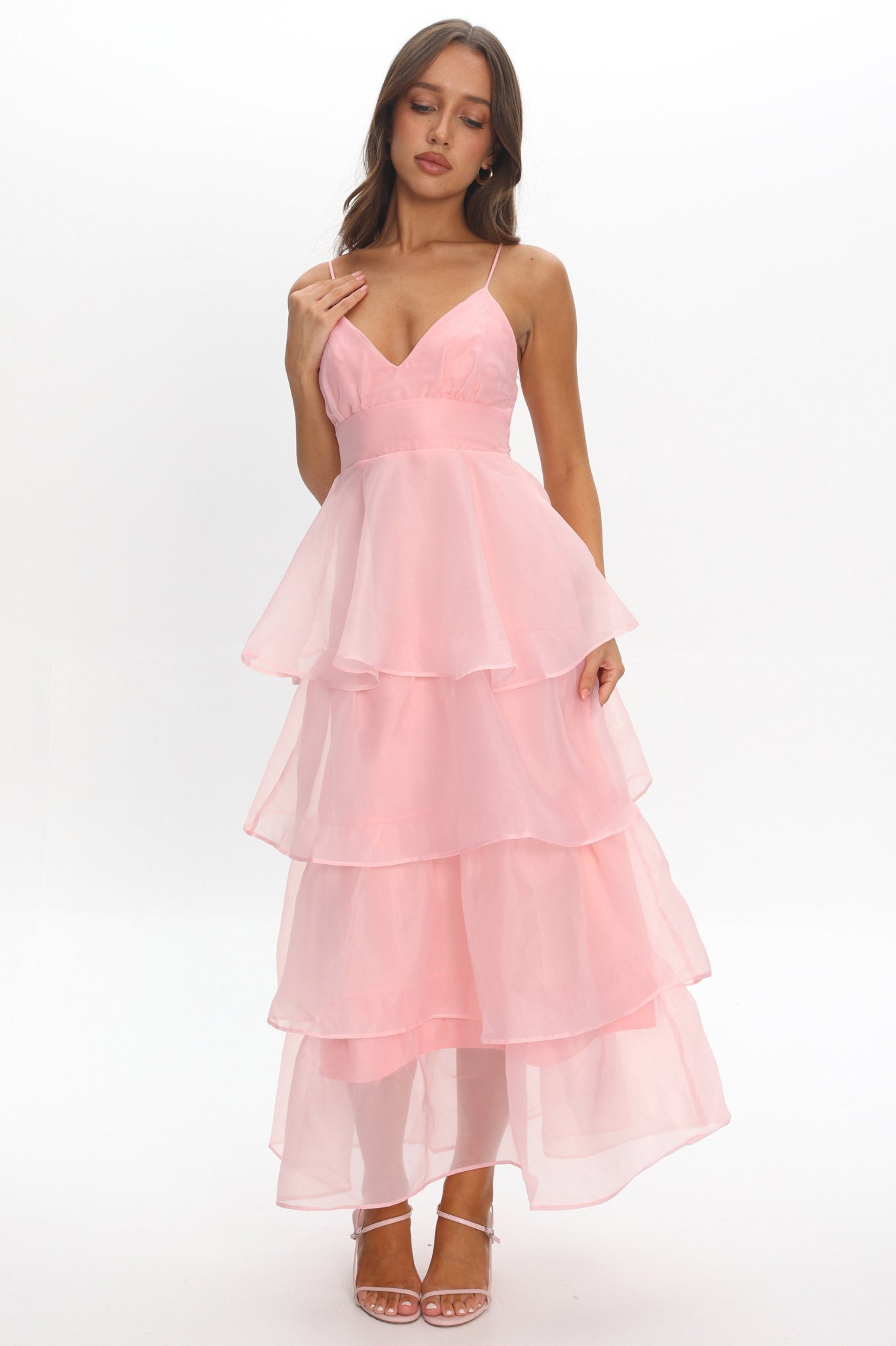 Made For You Tiered Ruffle Midi Dress Pink by Selfie Leslie Australia