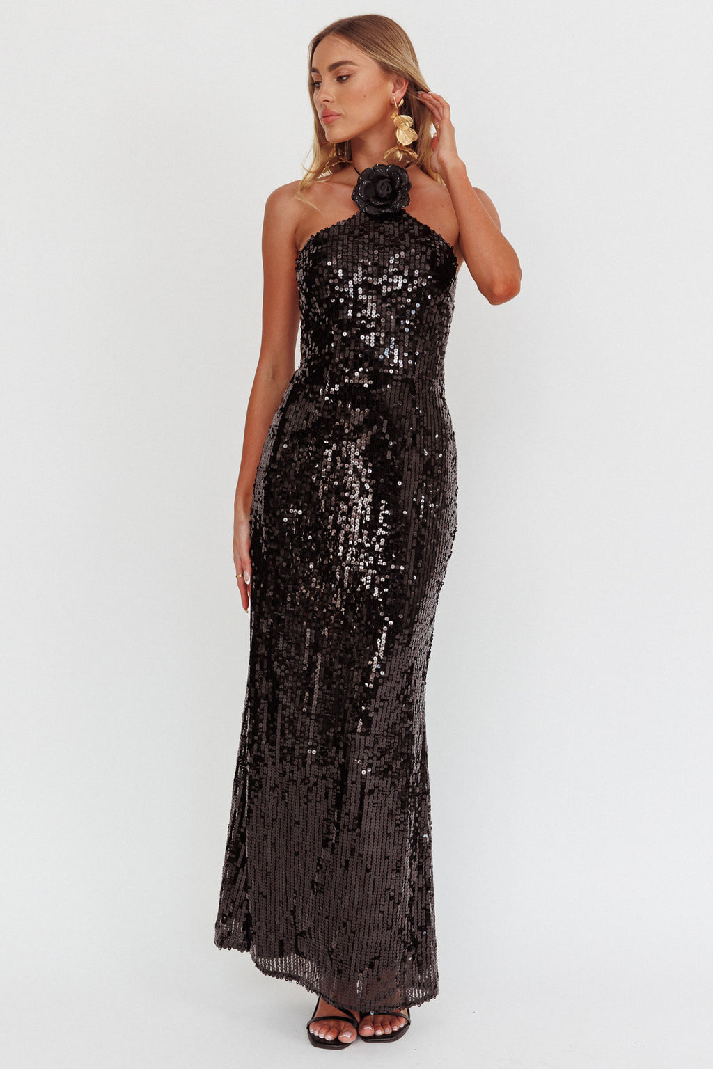 High Roller Flower Decoration Halter Dress Sequin Black by Selfie Leslie Australia