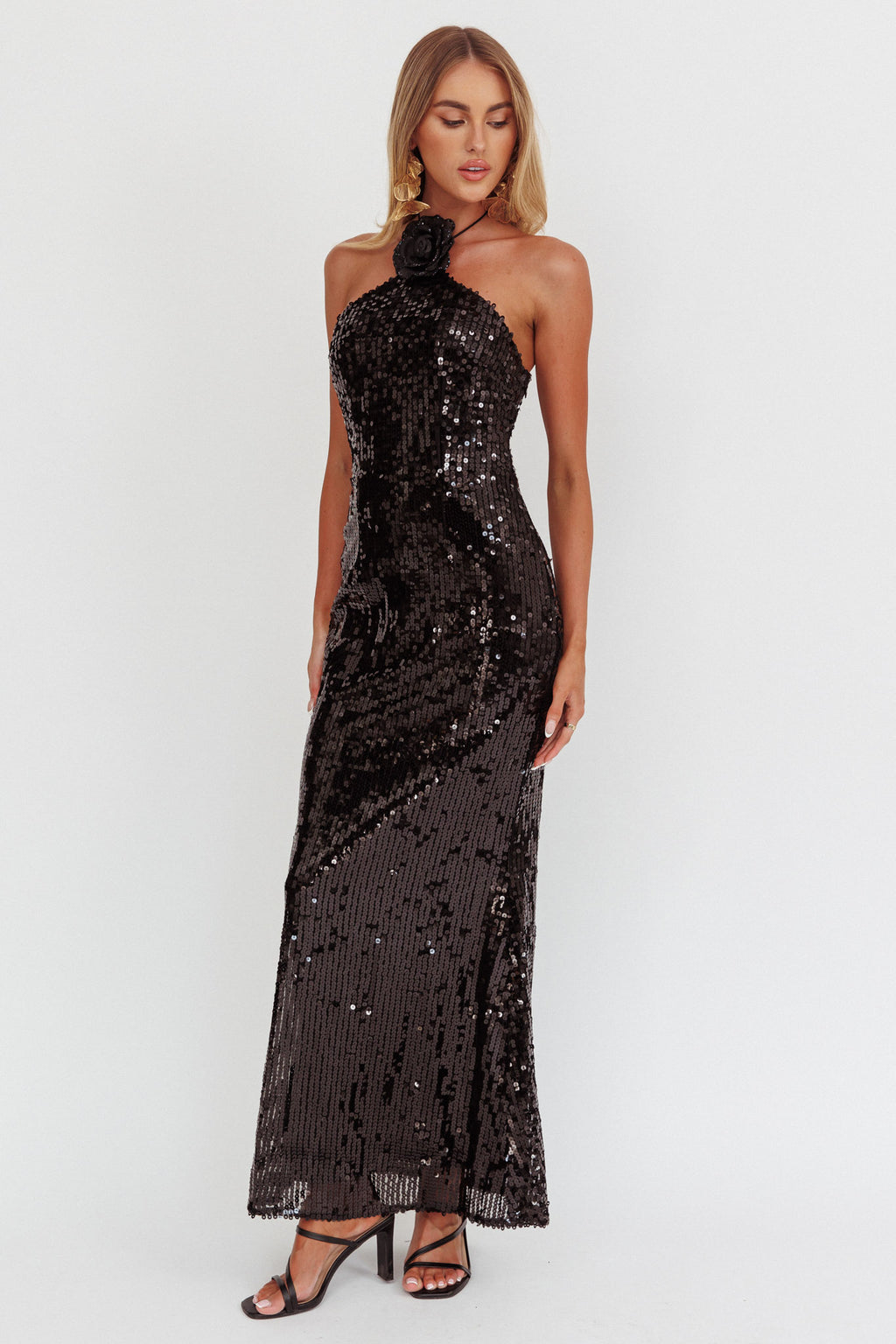 High Roller Flower Decoration Halter Dress Sequin Black by Selfie Leslie Australia