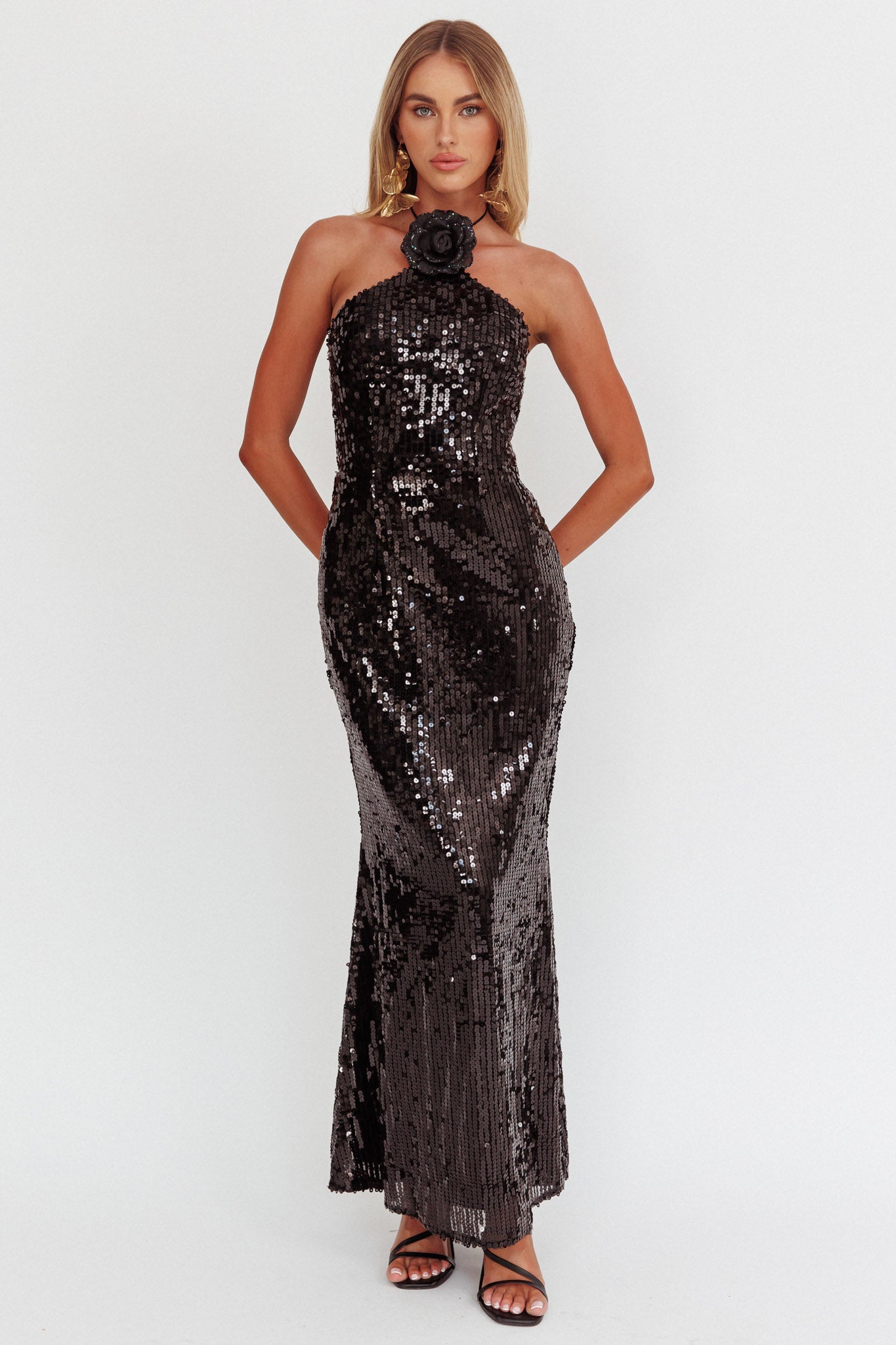 High Roller Flower Decoration Halter Dress Sequin Black by Selfie Leslie Australia