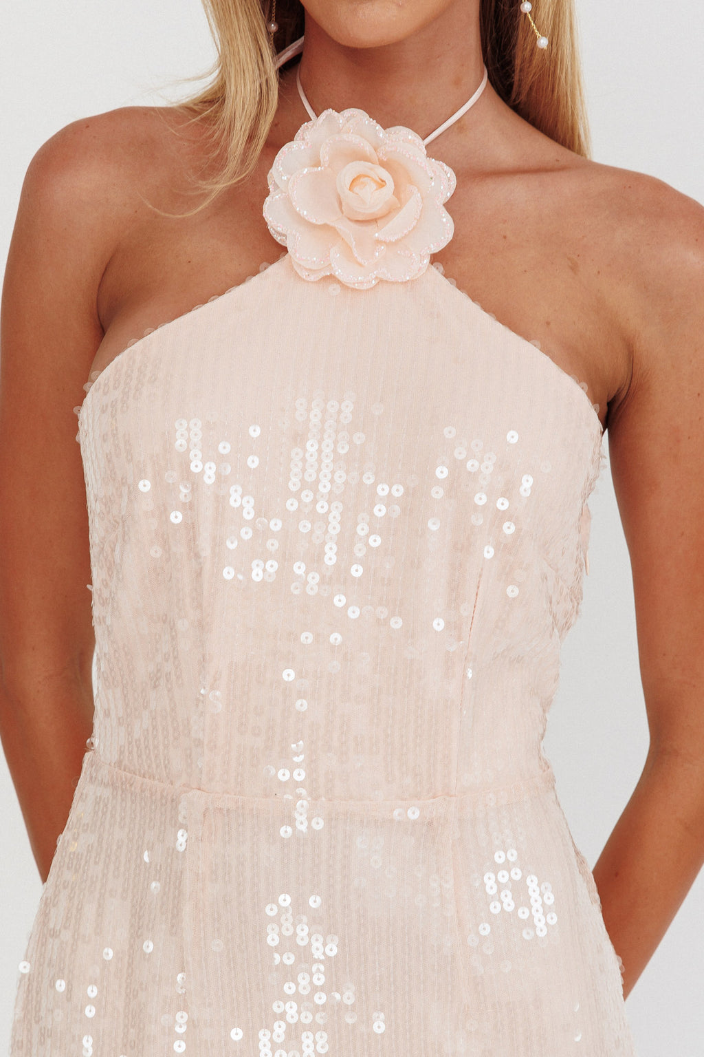High Roller Flower Decoration Halter Dress Sequin Pink by Selfie Leslie Australia