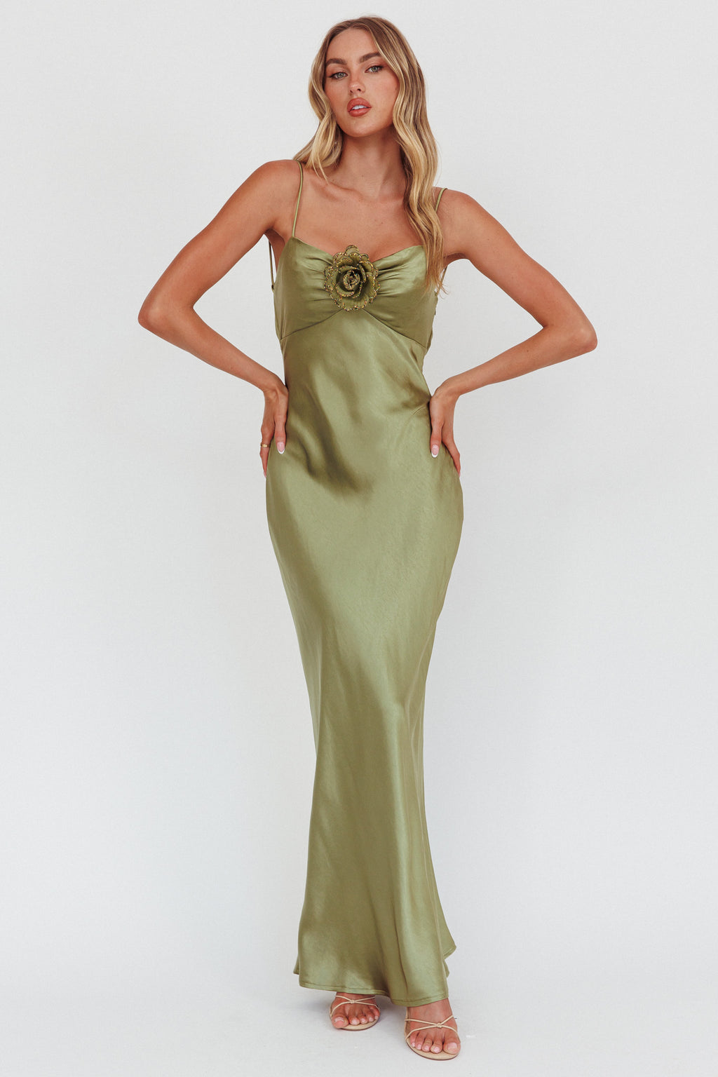 High Roller Cowl Back Rosette Maxi Dress Olive by Selfie Leslie Australia