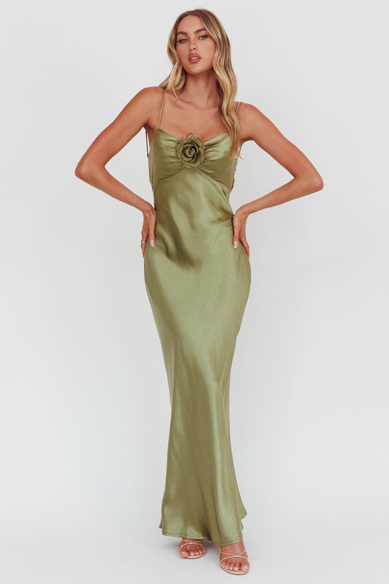 High Roller Cowl Back Rosette Maxi Dress Olive by Selfie Leslie Australia