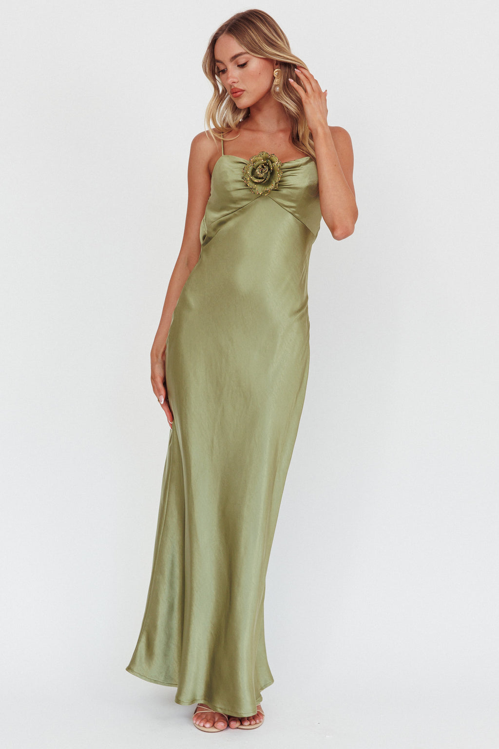 High Roller Cowl Back Rosette Maxi Dress Olive by Selfie Leslie Australia