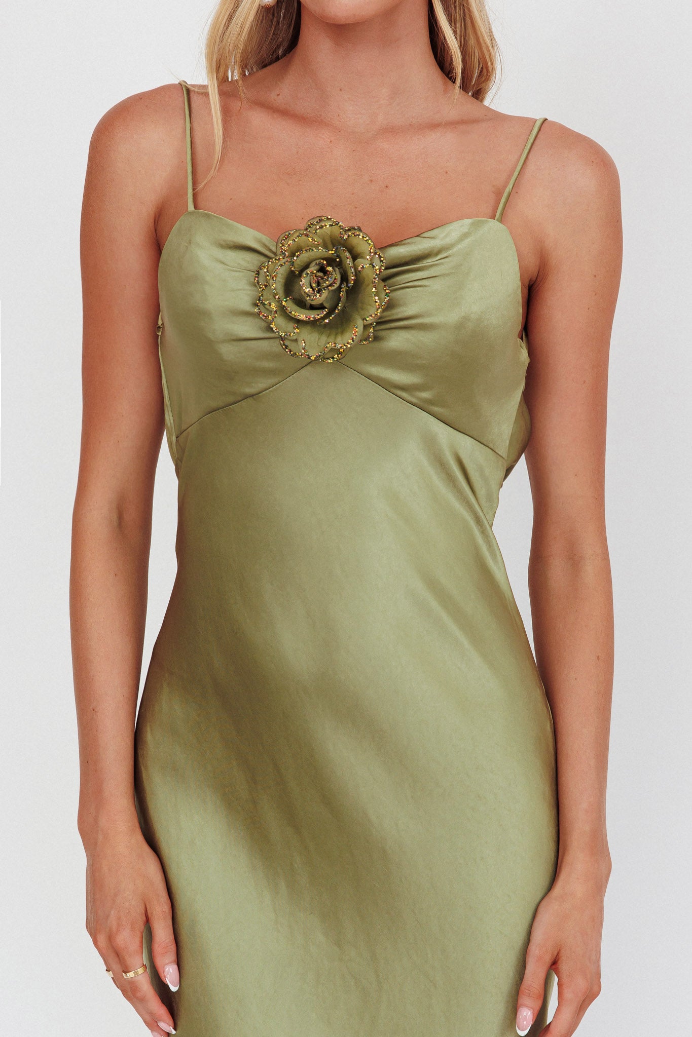 High Roller Cowl Back Rosette Maxi Dress Olive by Selfie Leslie Australia