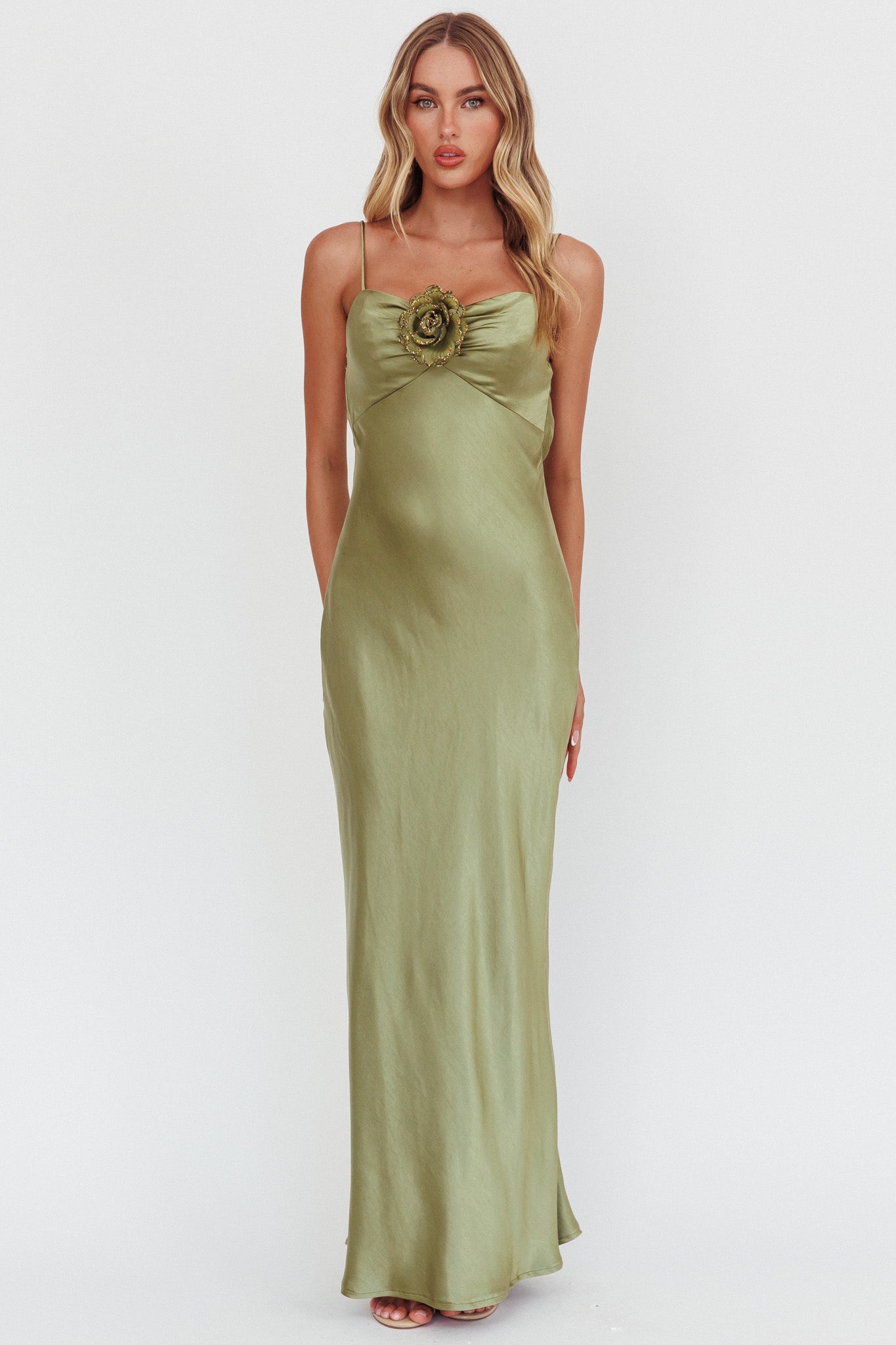 High Roller Cowl Back Rosette Maxi Dress Olive by Selfie Leslie Australia