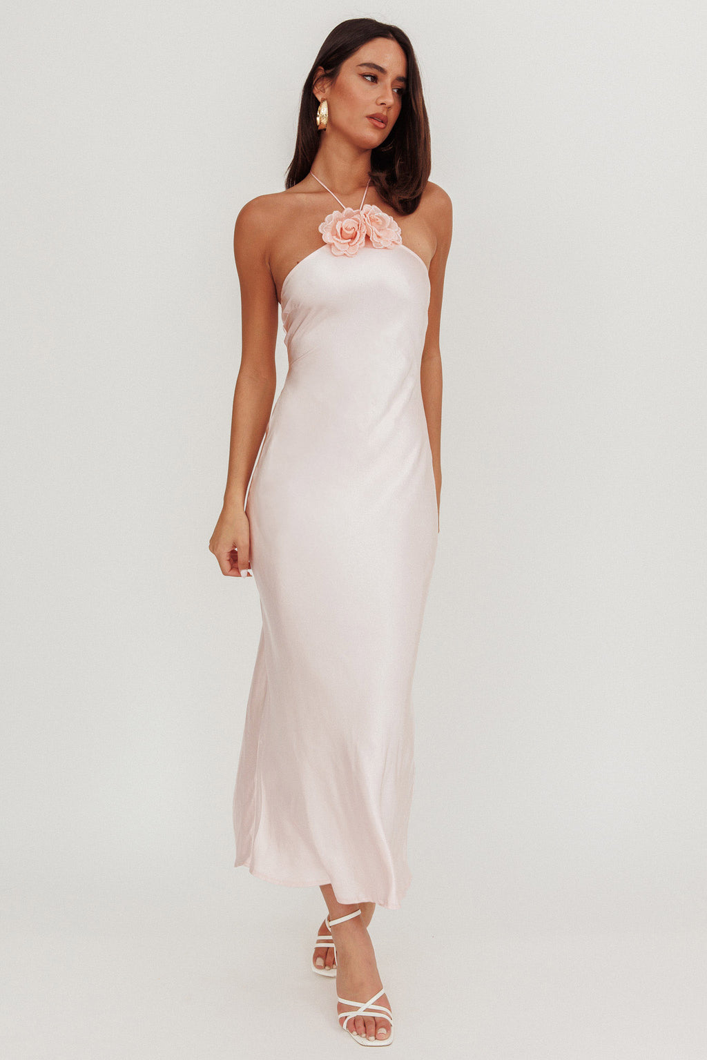High Roller Flower Decoration Halter Dress Baby Pink by Selfie Leslie Australia