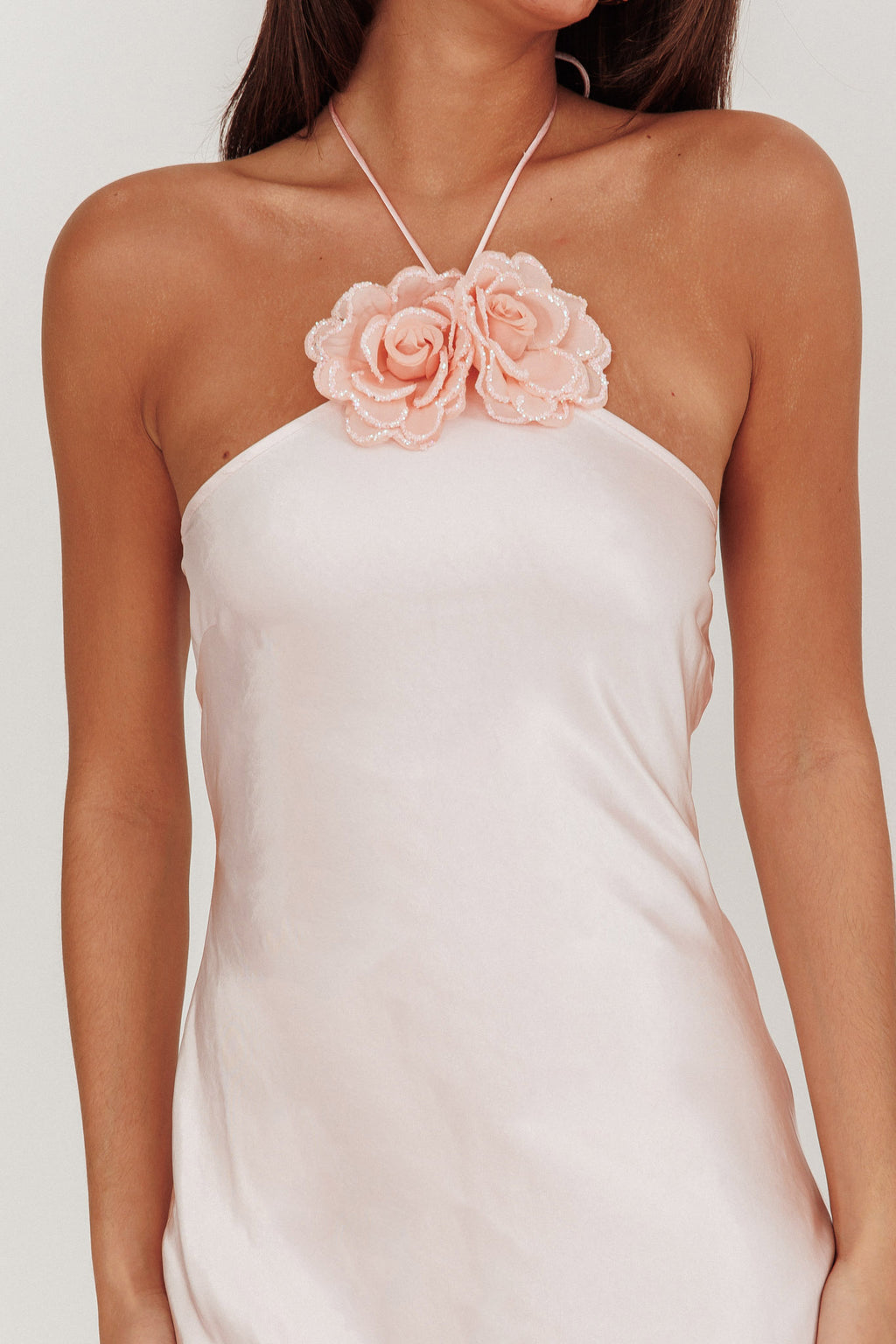 High Roller Flower Decoration Halter Dress Baby Pink by Selfie Leslie Australia