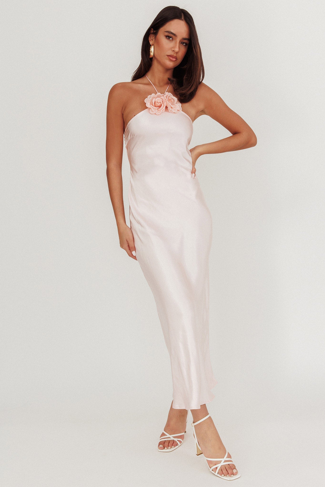 High Roller Flower Decoration Halter Dress Baby Pink by Selfie Leslie Australia