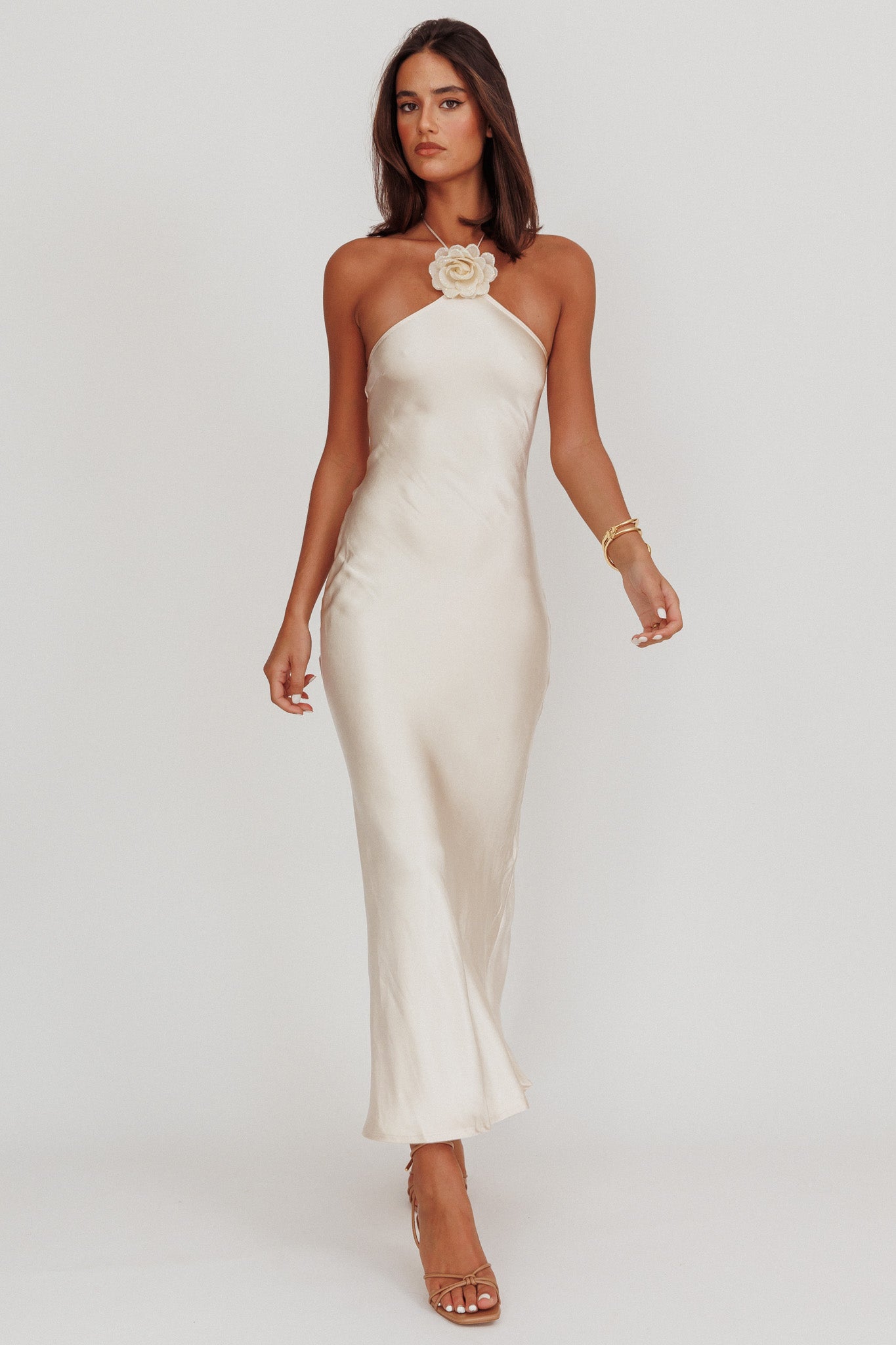 High Roller Flower Decoration Halter Dress Champagne by Selfie Leslie Australia