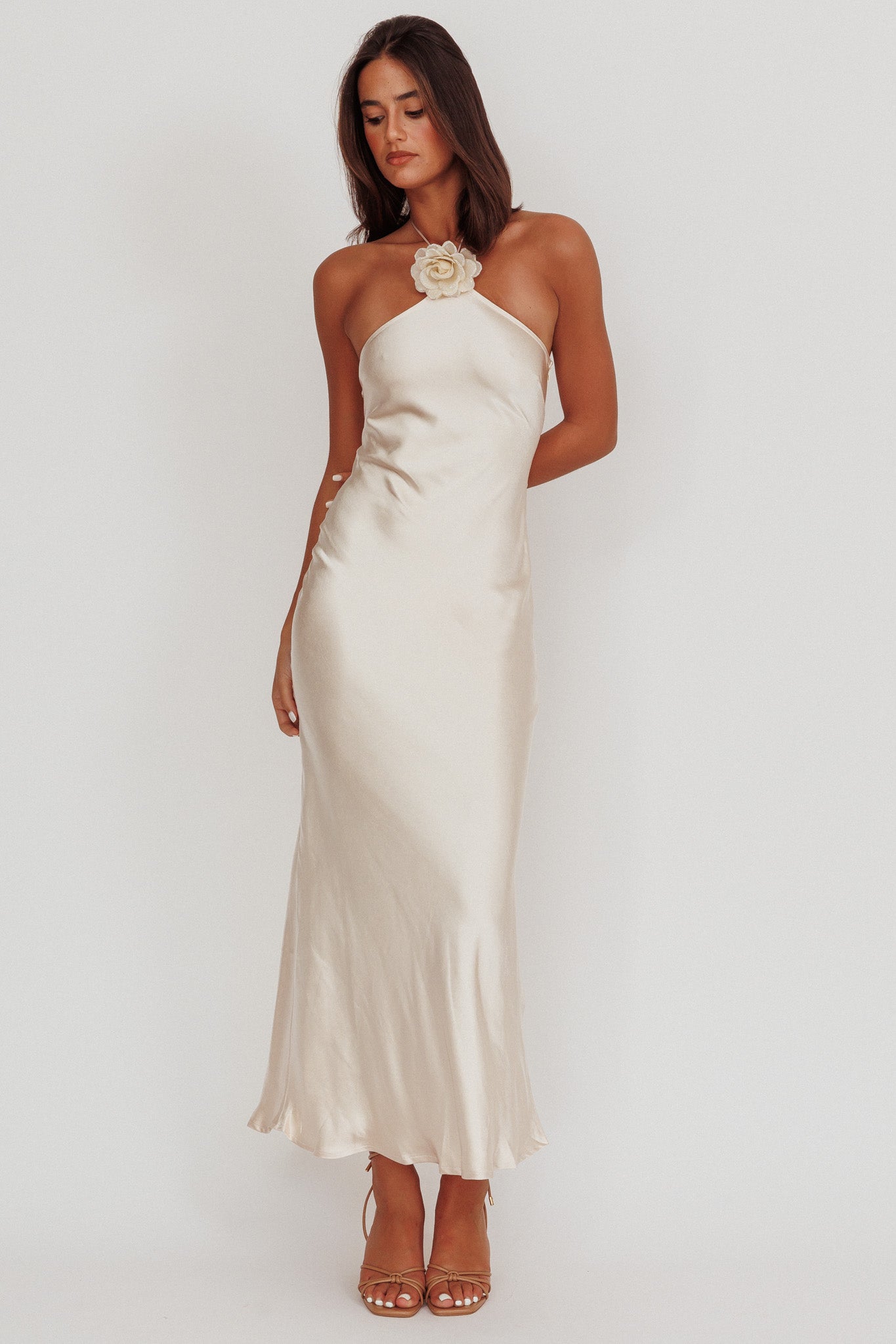 High Roller Flower Decoration Halter Dress Champagne by Selfie Leslie Australia