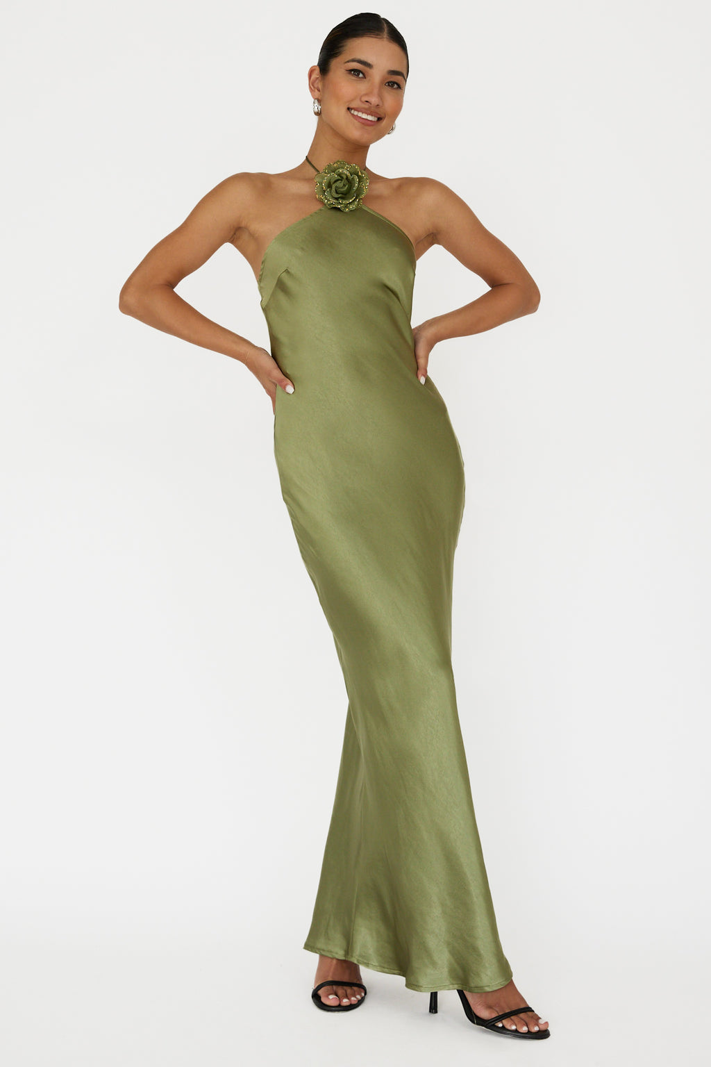 High Roller Flower Decoration Halter Dress Olive by Selfie Leslie Australia