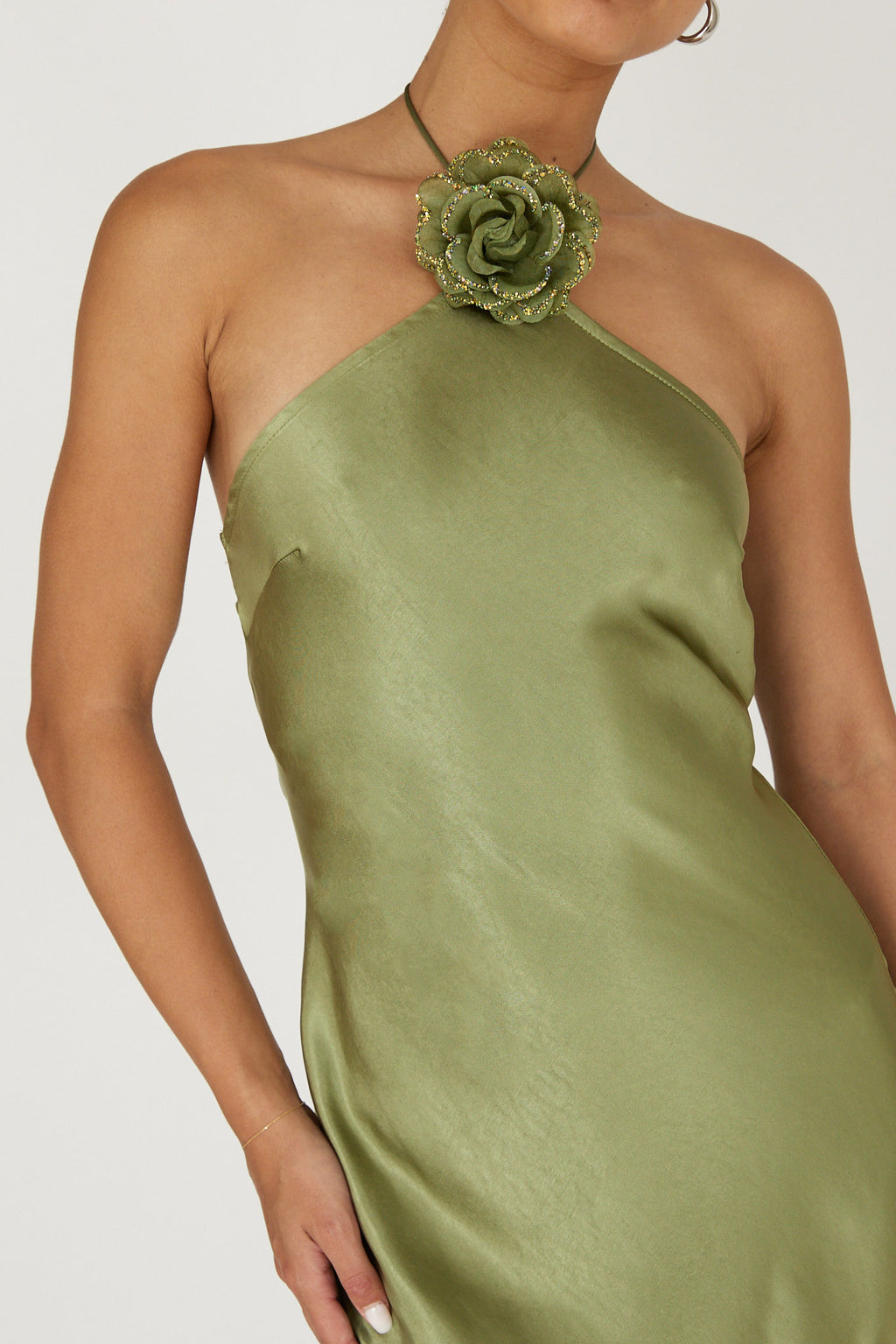 High Roller Flower Decoration Halter Dress Olive by Selfie Leslie Australia