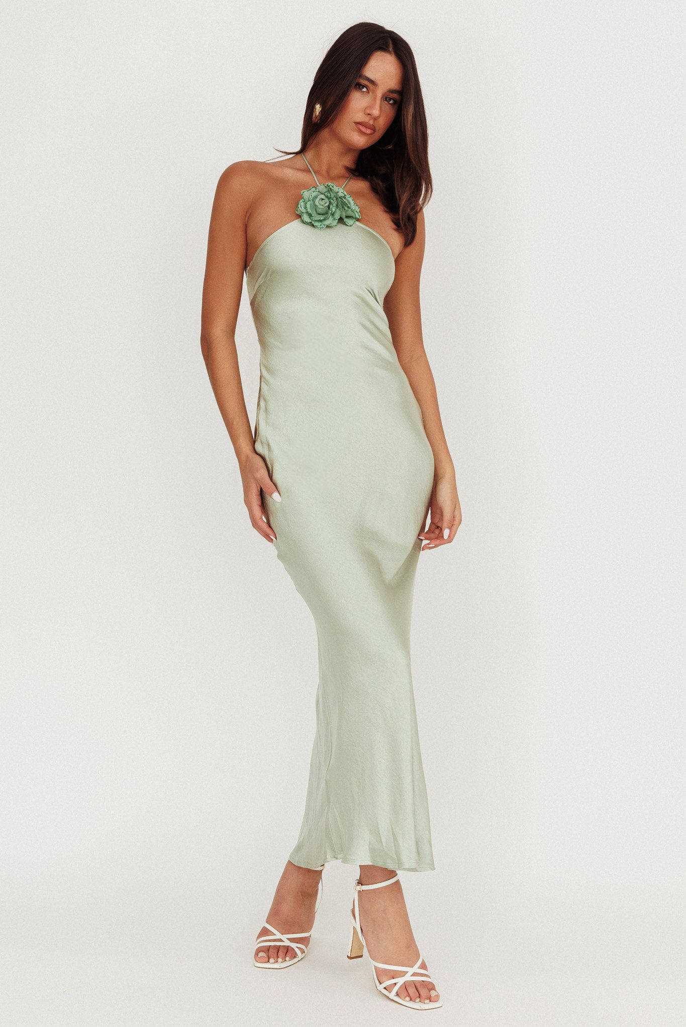 High Roller Flower Decoration Halter Dress Sage by Selfie Leslie Australia