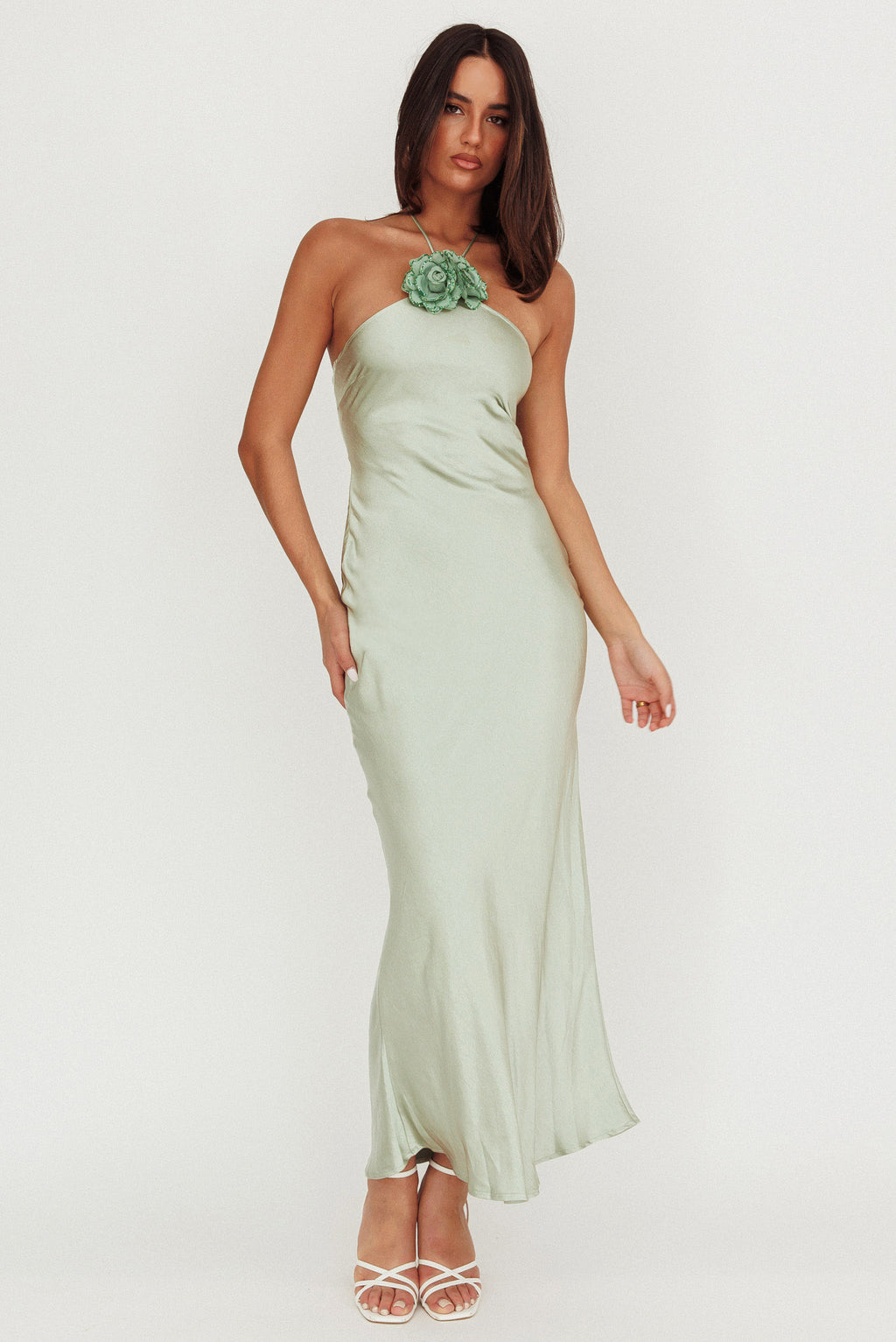 High Roller Flower Decoration Halter Dress Sage by Selfie Leslie Australia