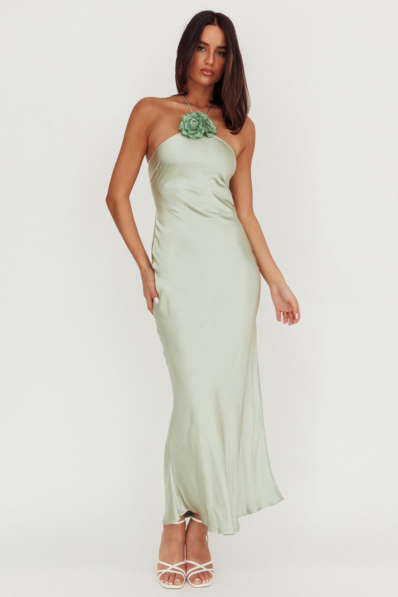 High Roller Flower Decoration Halter Dress Sage by Selfie Leslie Australia