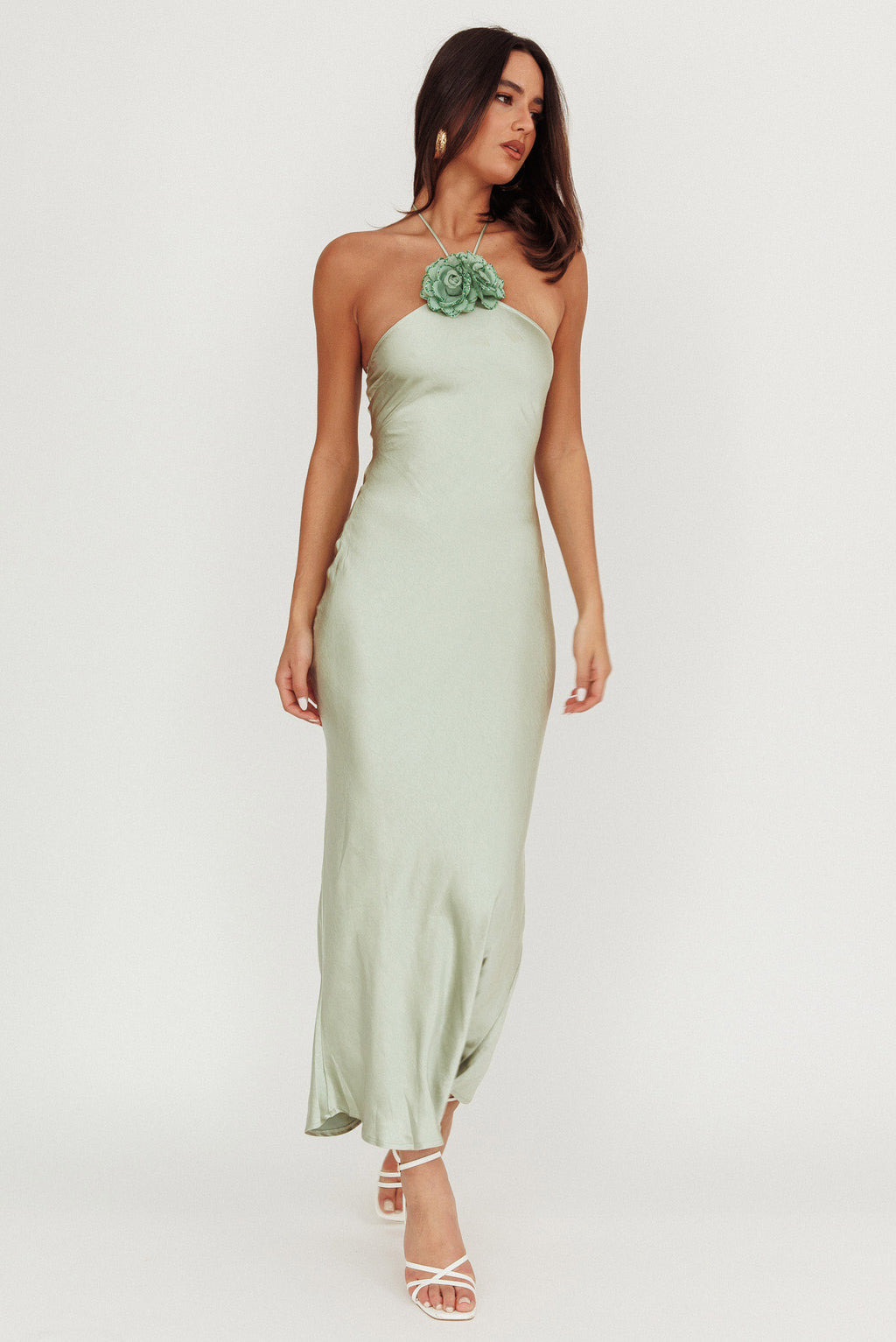High Roller Flower Decoration Halter Dress Sage by Selfie Leslie Australia
