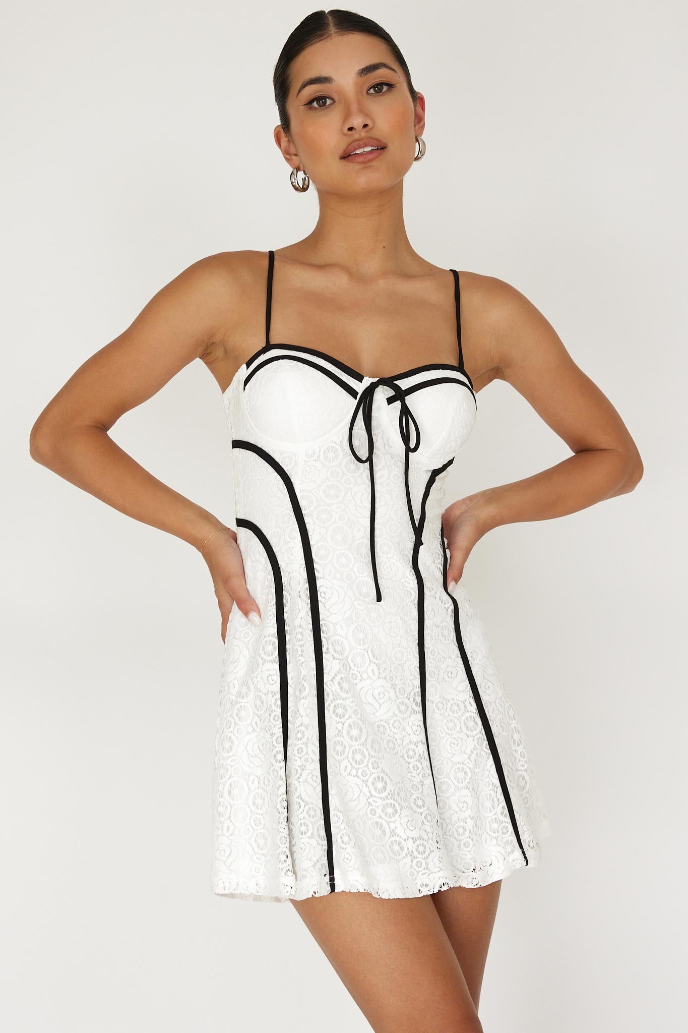 Find Your Way Lace Piping Mini Dress White by Selfie Leslie Australia