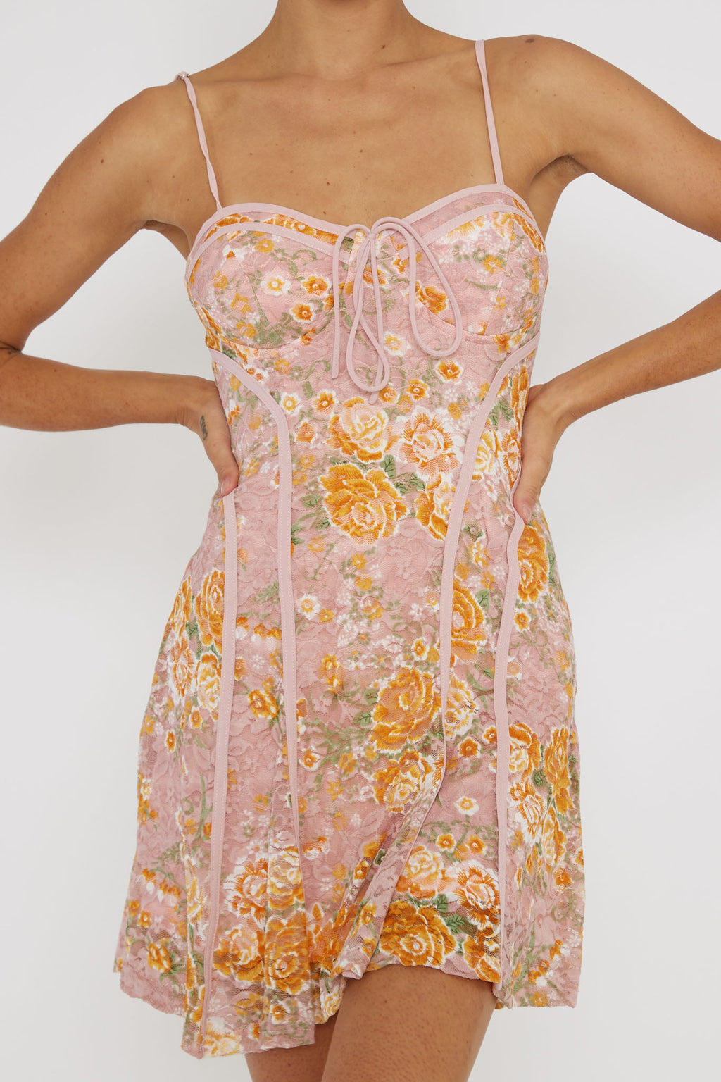 Find Your Way Lace Piping Mini Dress Pink by Selfie Leslie Australia