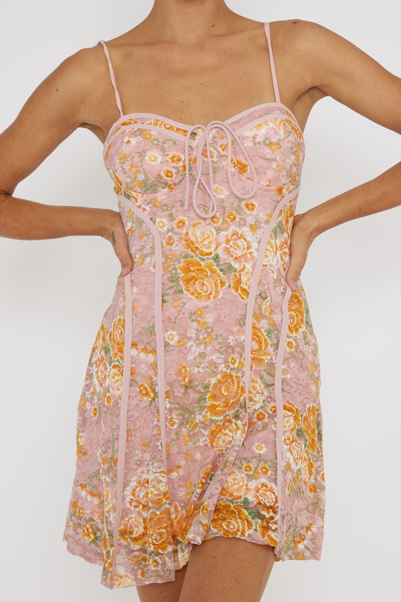 Find Your Way Lace Piping Mini Dress Pink by Selfie Leslie Australia