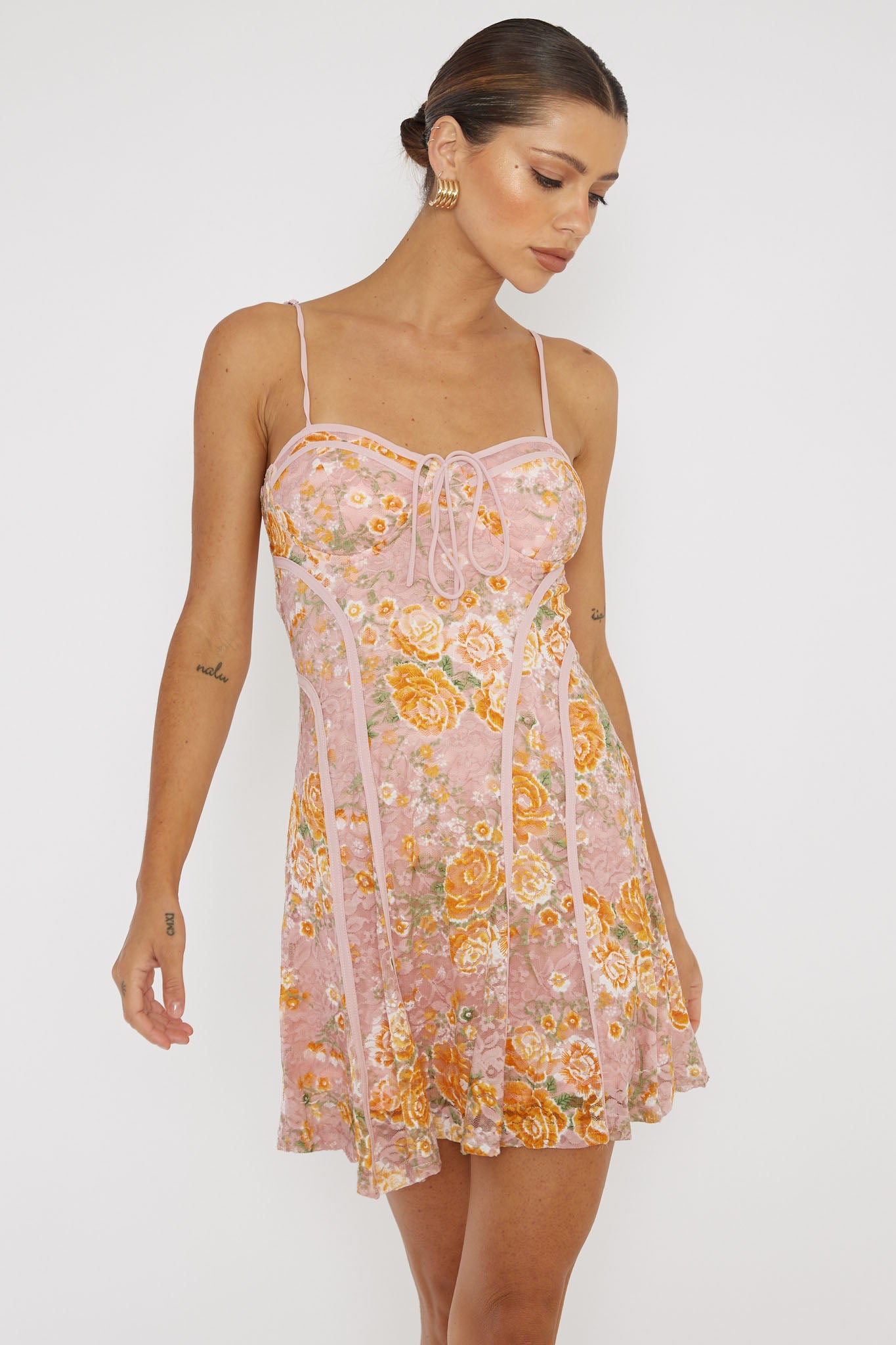 Find Your Way Lace Piping Mini Dress Pink by Selfie Leslie Australia