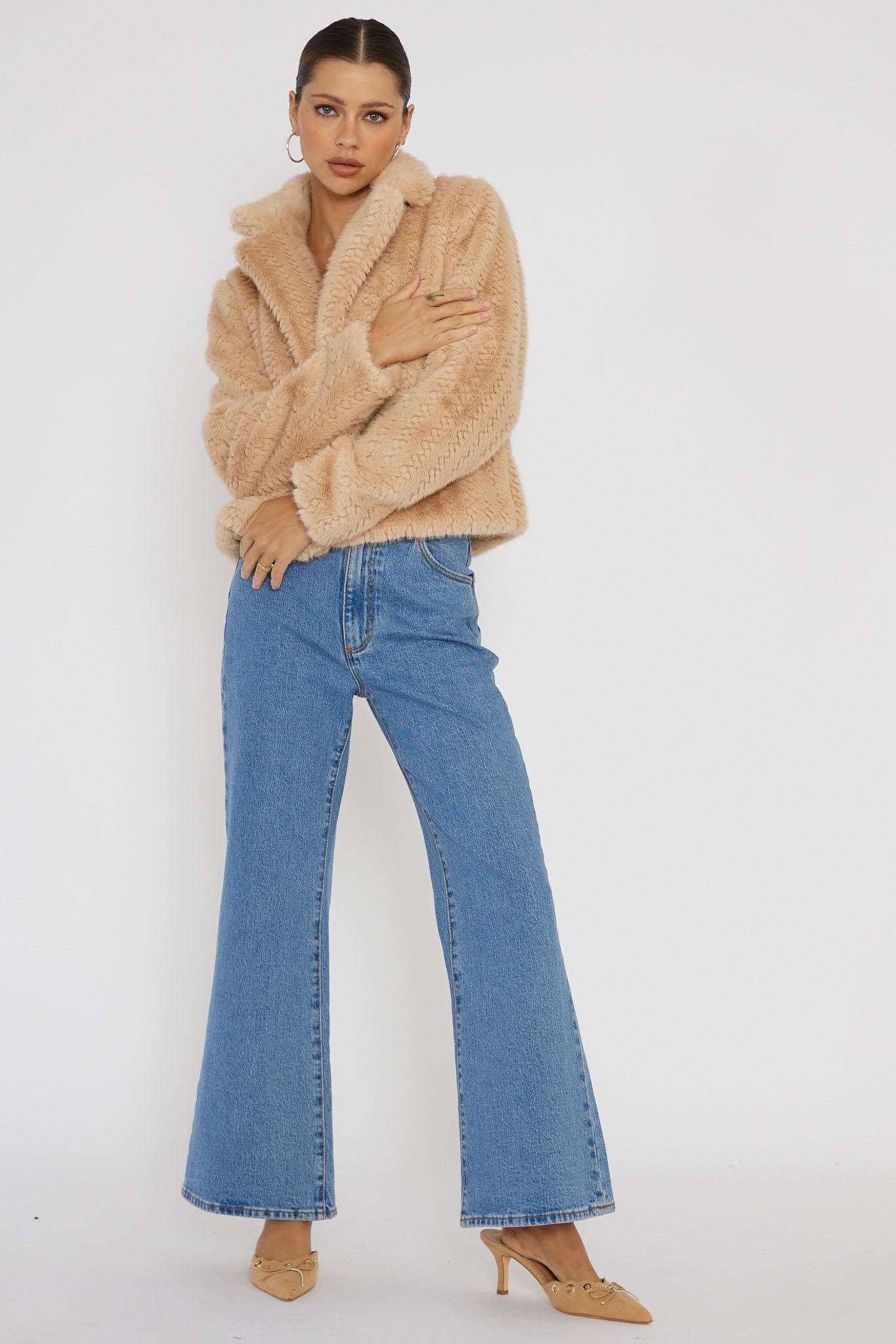 Savelle Notch Lapel Faux Fur Jacket Camel by Selfie Leslie Australia