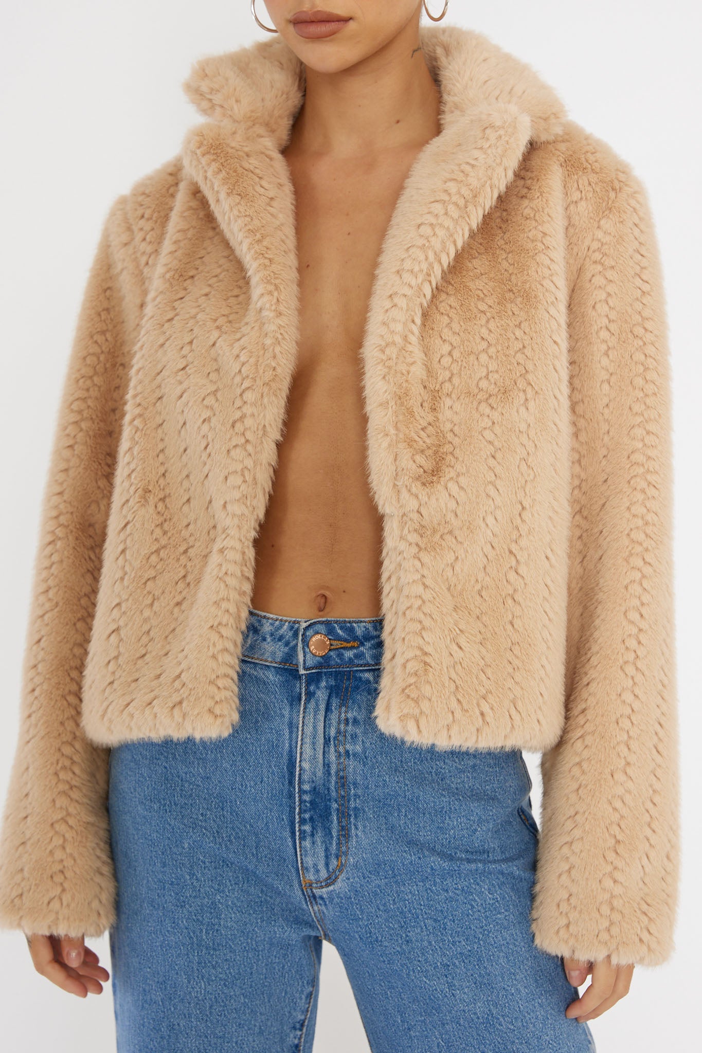 Savelle Notch Lapel Faux Fur Jacket Camel by Selfie Leslie Australia