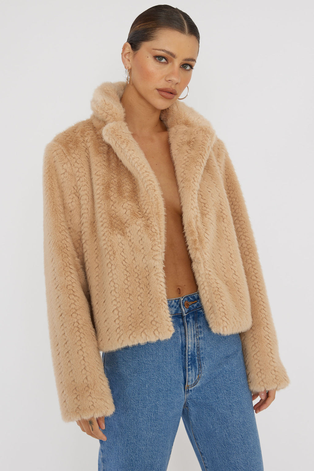 Savelle Notch Lapel Faux Fur Jacket Camel by Selfie Leslie Australia