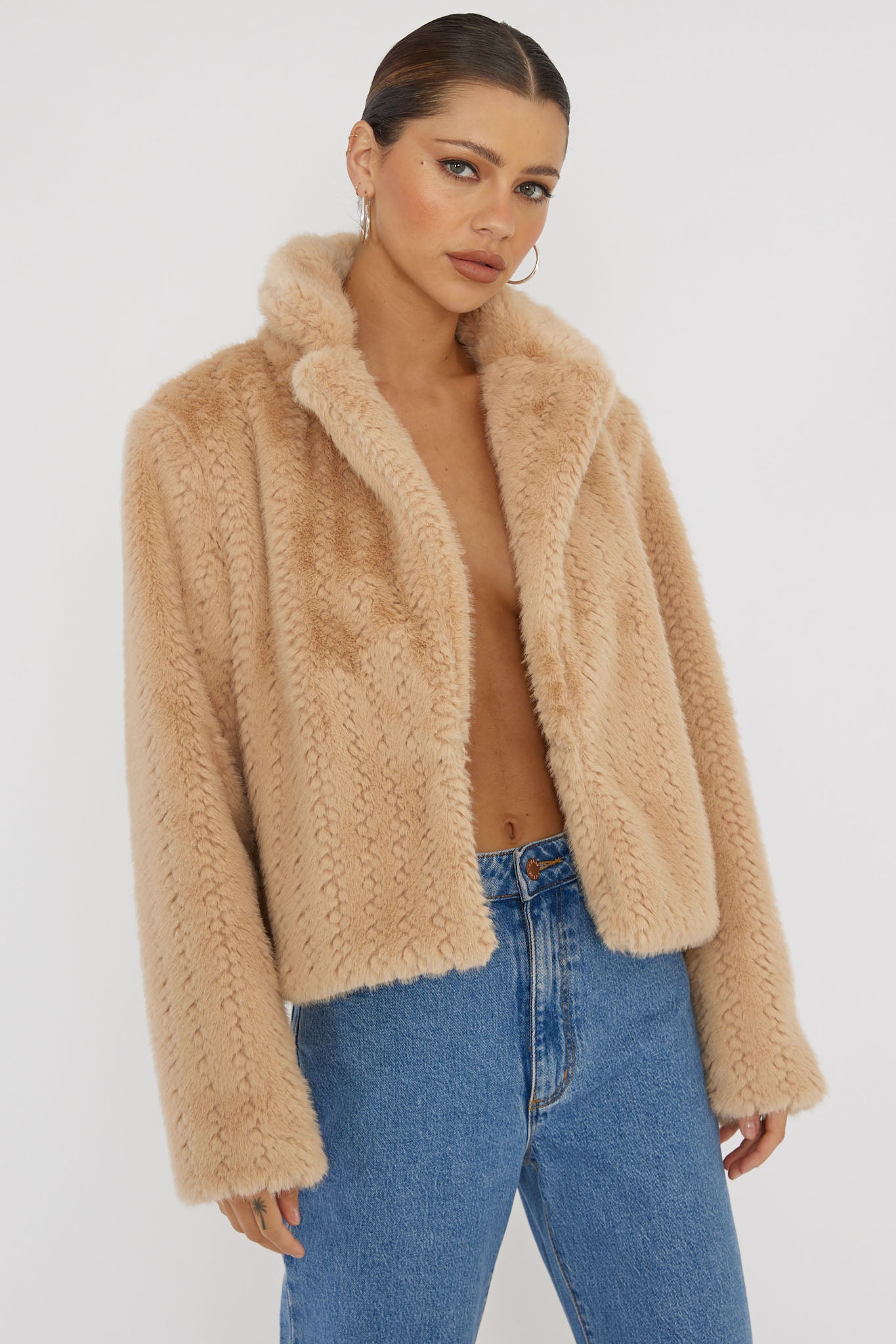 Savelle Notch Lapel Faux Fur Jacket Camel by Selfie Leslie Australia