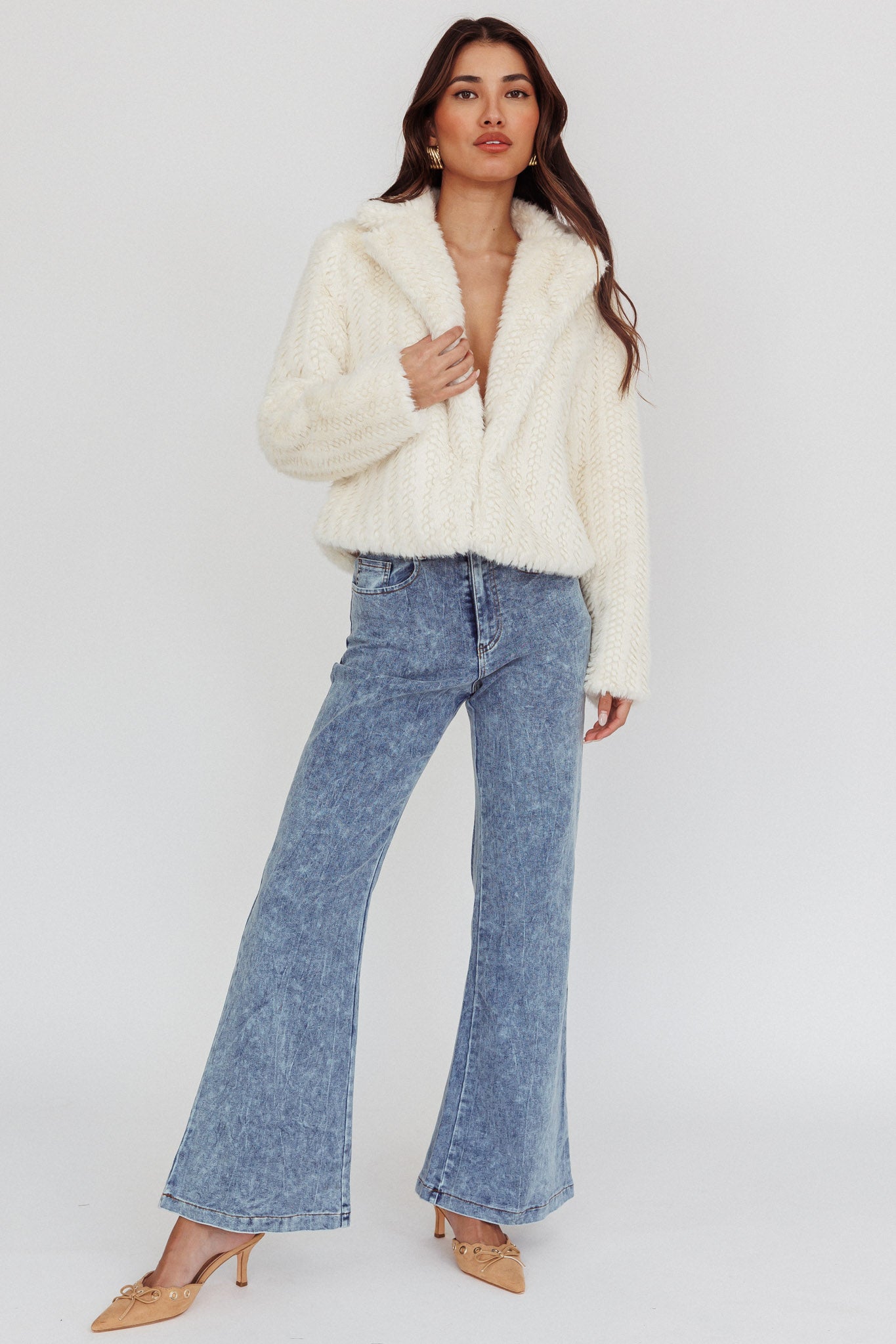 Savelle Notch Lapel Faux Fur Jacket Cream by Selfie Leslie Australia