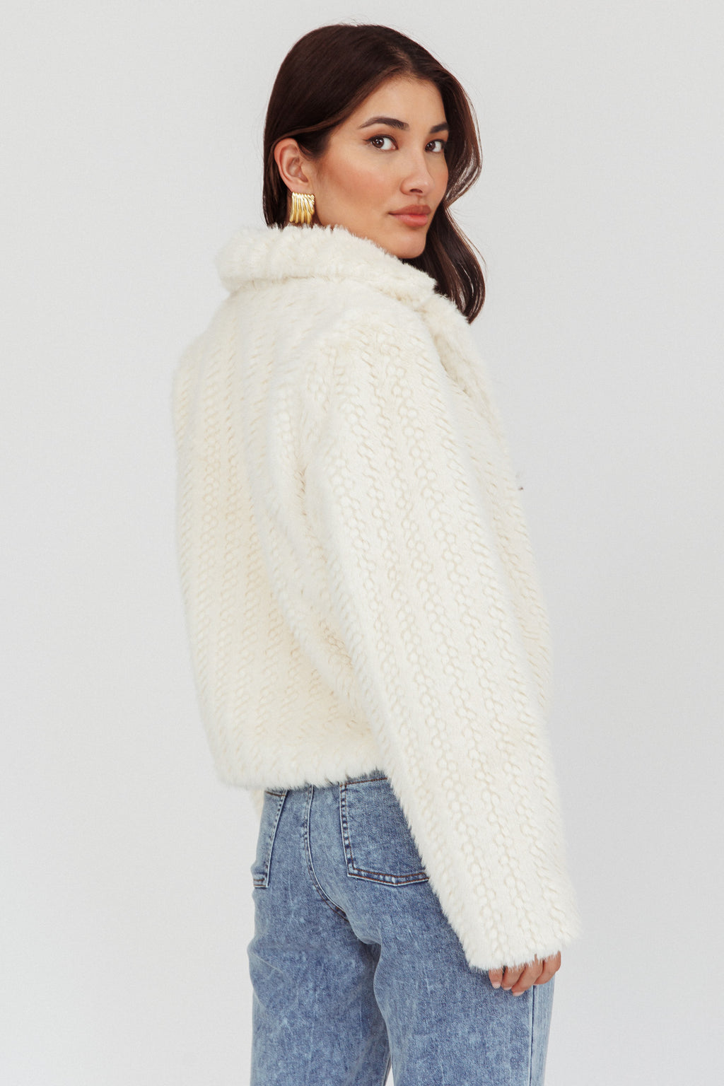 Savelle Notch Lapel Faux Fur Jacket Cream by Selfie Leslie Australia