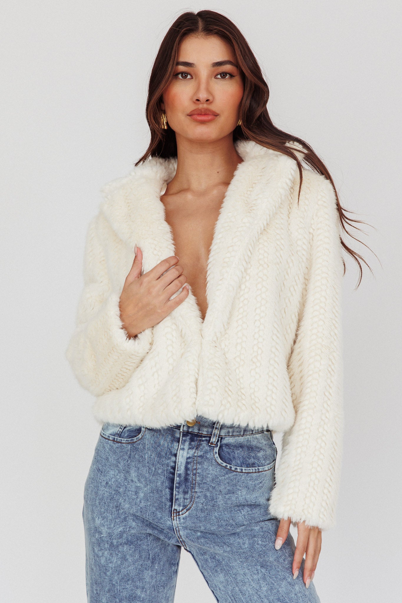 Savelle Notch Lapel Faux Fur Jacket Cream by Selfie Leslie Australia