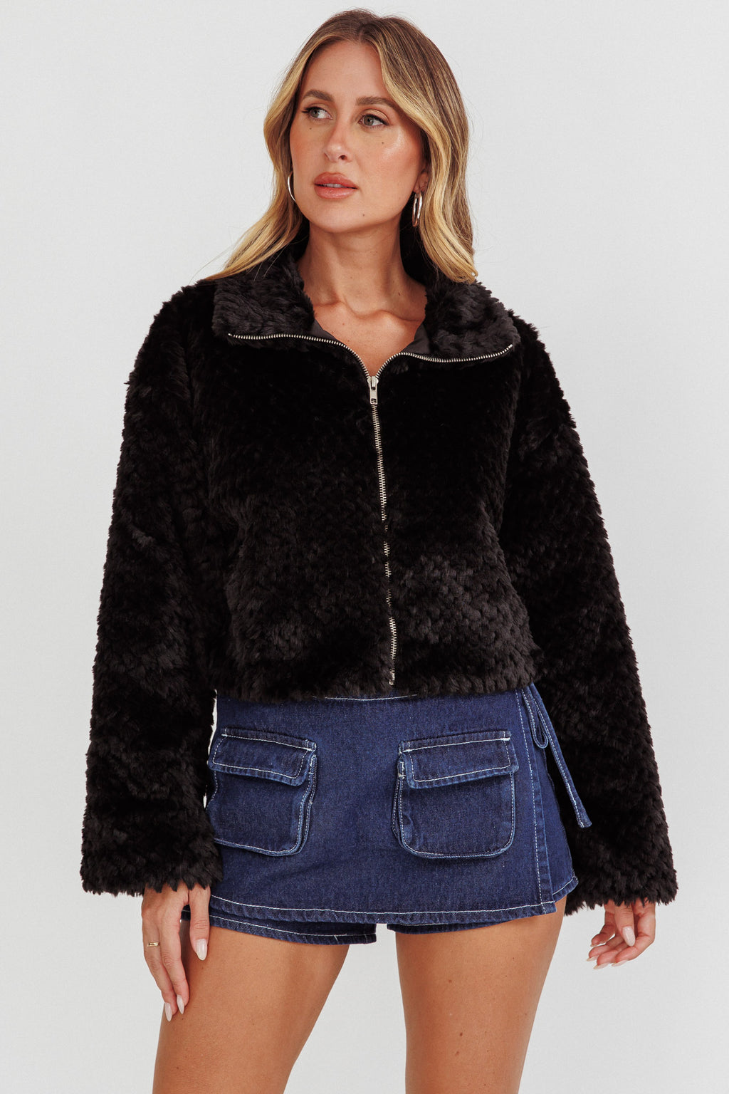 Margeaux Faux Fur Jacket Black by Selfie Leslie Australia