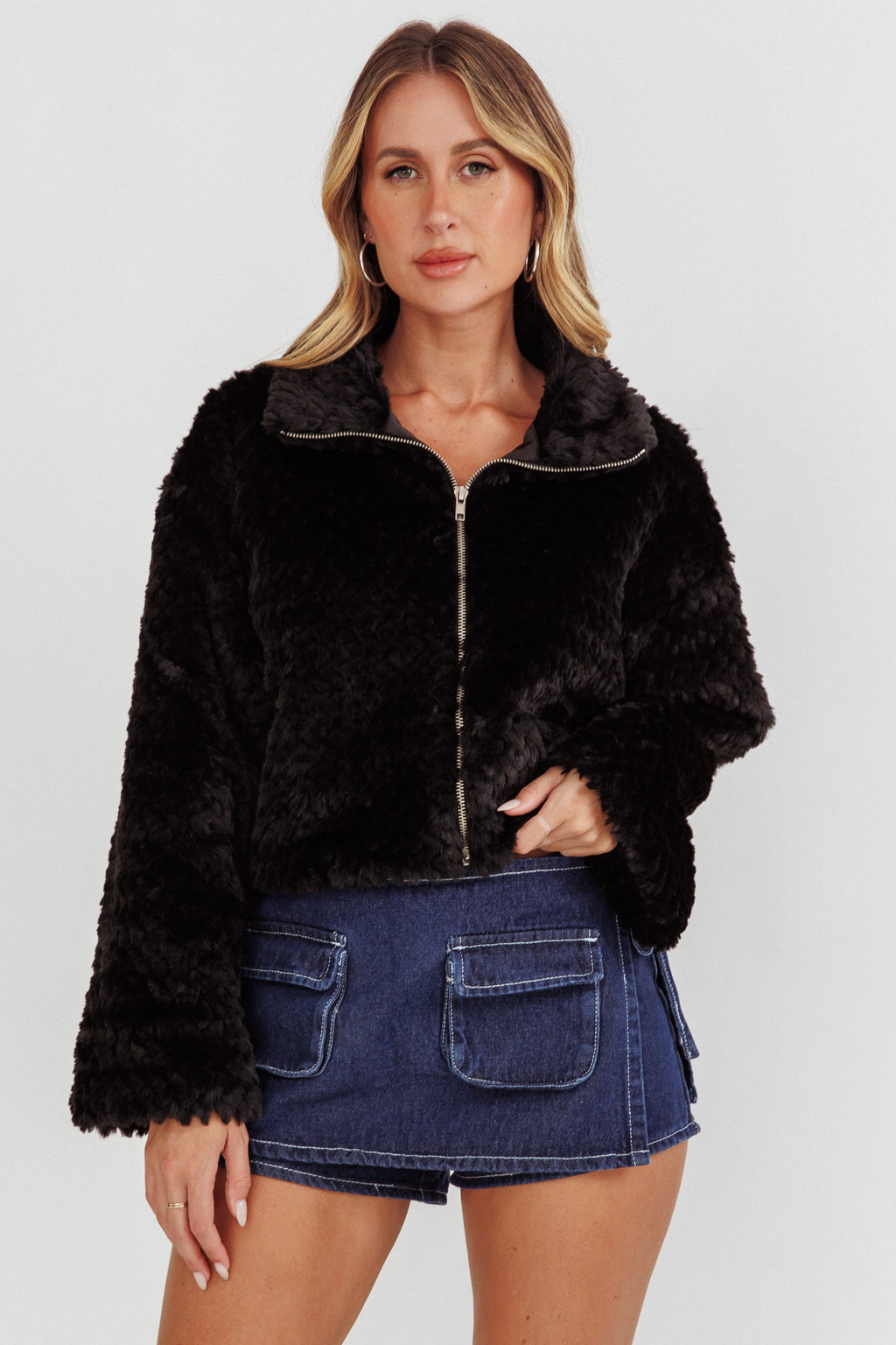 Margeaux Faux Fur Jacket Black by Selfie Leslie Australia