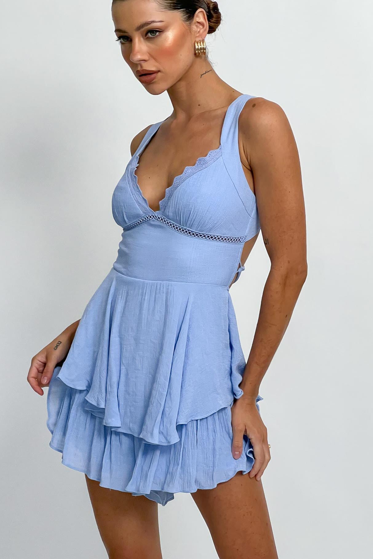Hard To Catch Lace-Up Back Romper Blue by Selfie Leslie Australia