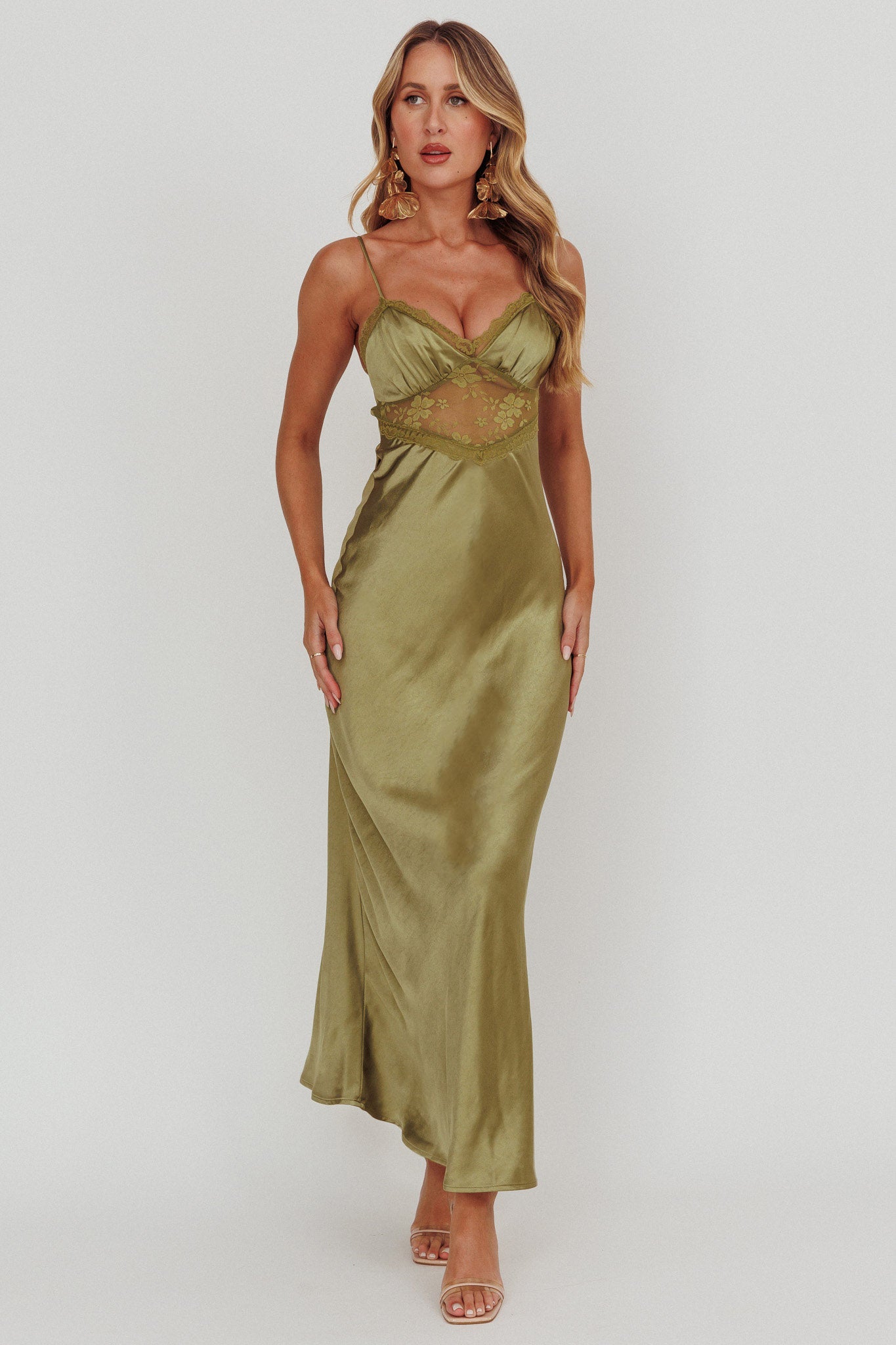 Her theory Lace Trim Maxi Dress Olive by Selfie Leslie Australia