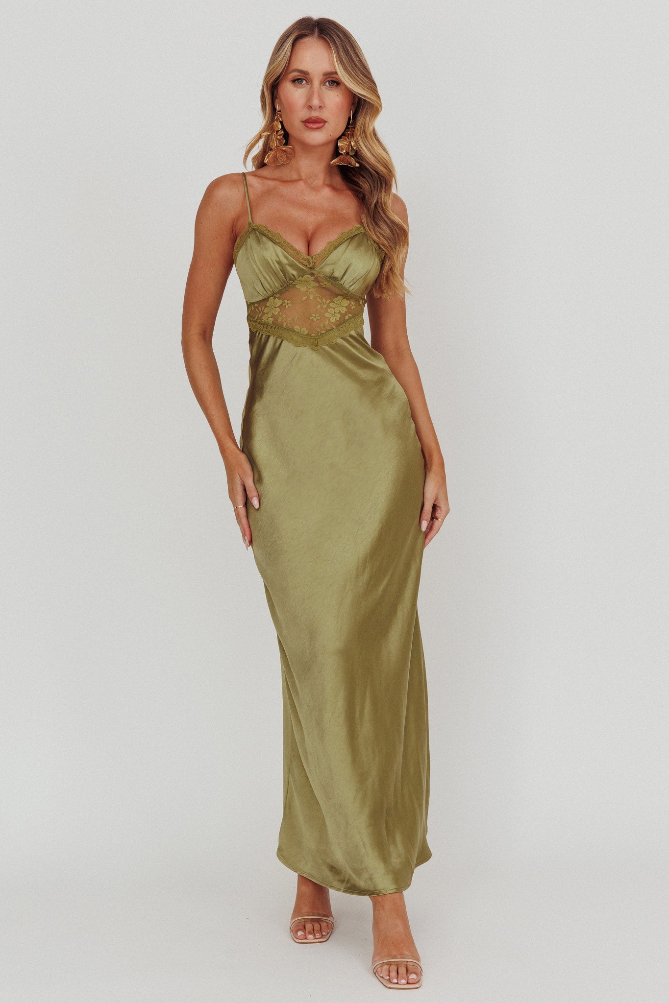 Shop the Her theory Lace Trim Maxi Dress Olive Shop the Her theory Lace Trim Maxi Dress Olive