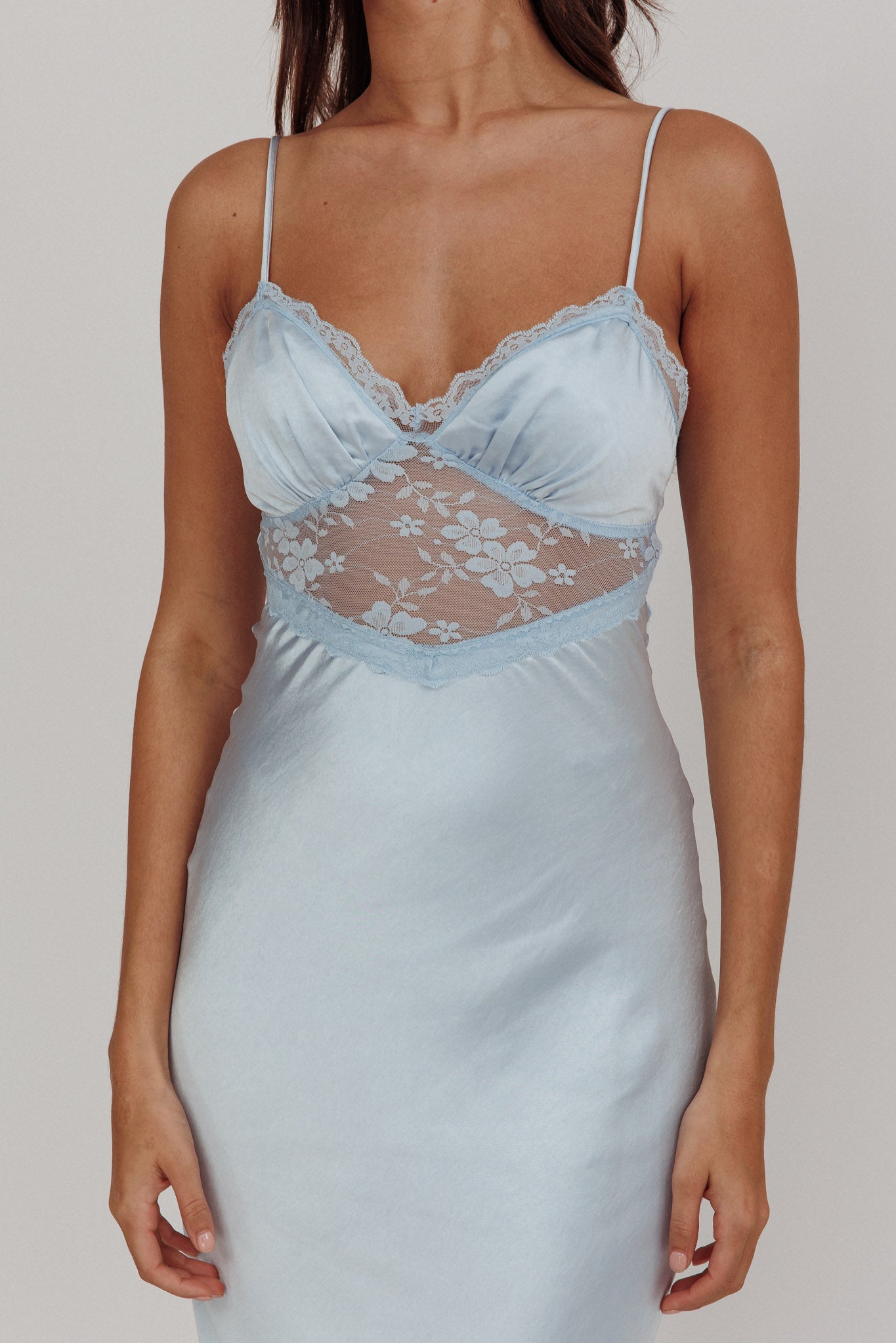 Her theory Lace Trim Maxi Dress Steel Blue by Selfie Leslie Australia