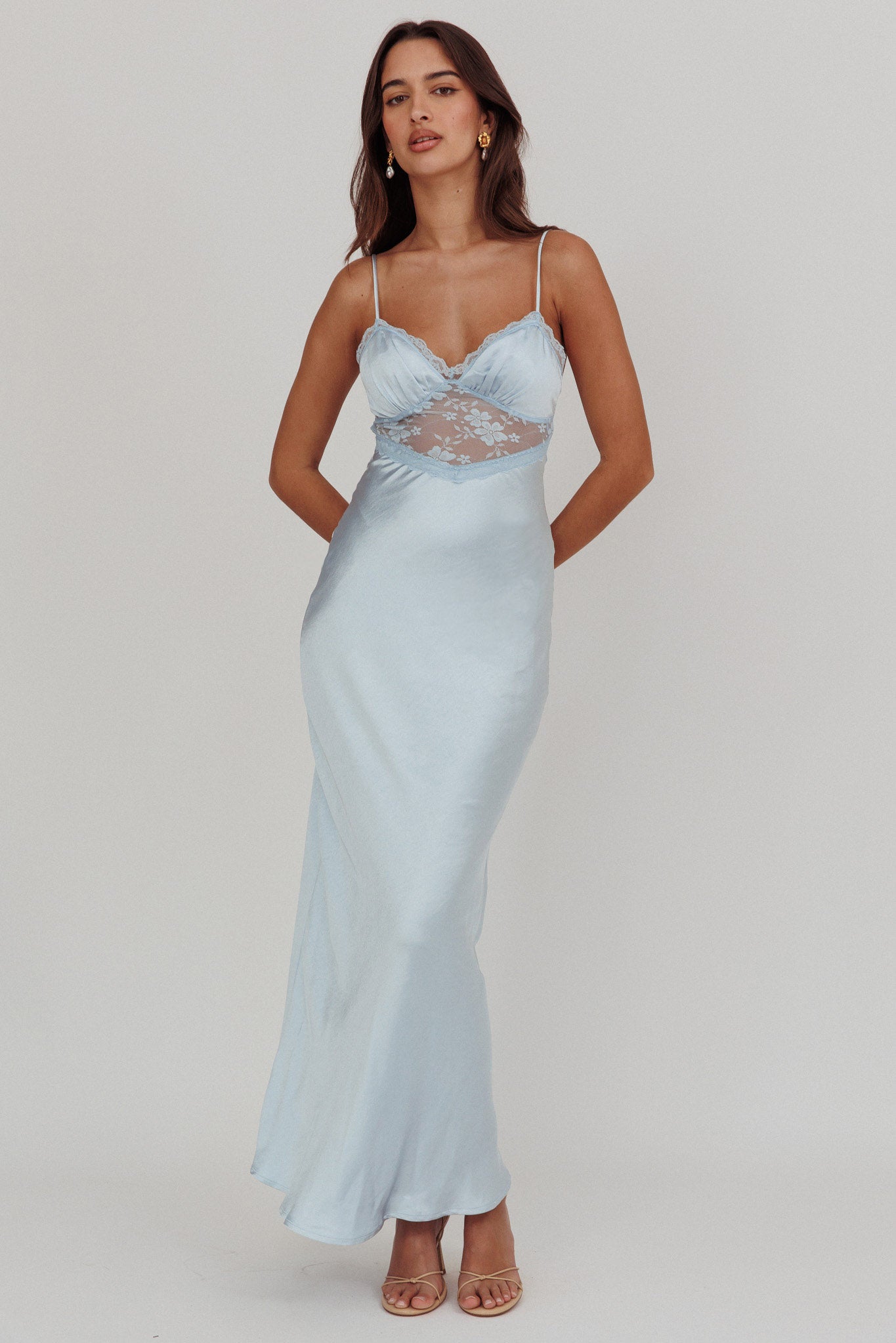 Her theory Lace Trim Maxi Dress Steel Blue by Selfie Leslie Australia