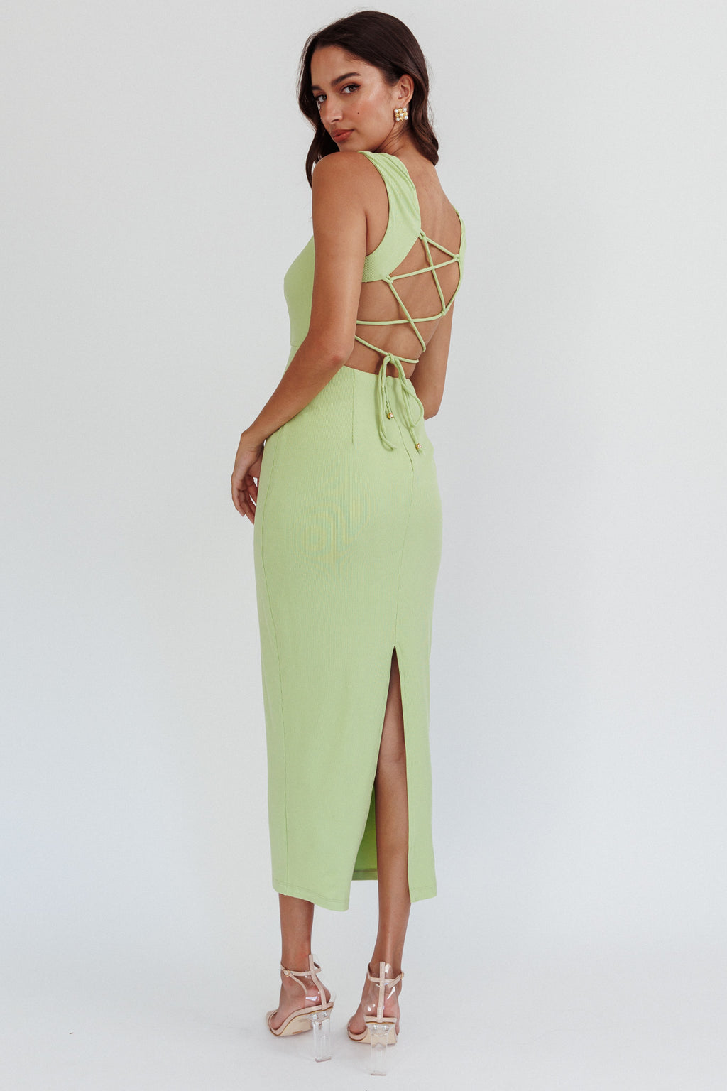 Jennine Lace-Up Back Midi Dress Matcha by Selfie Leslie Australia