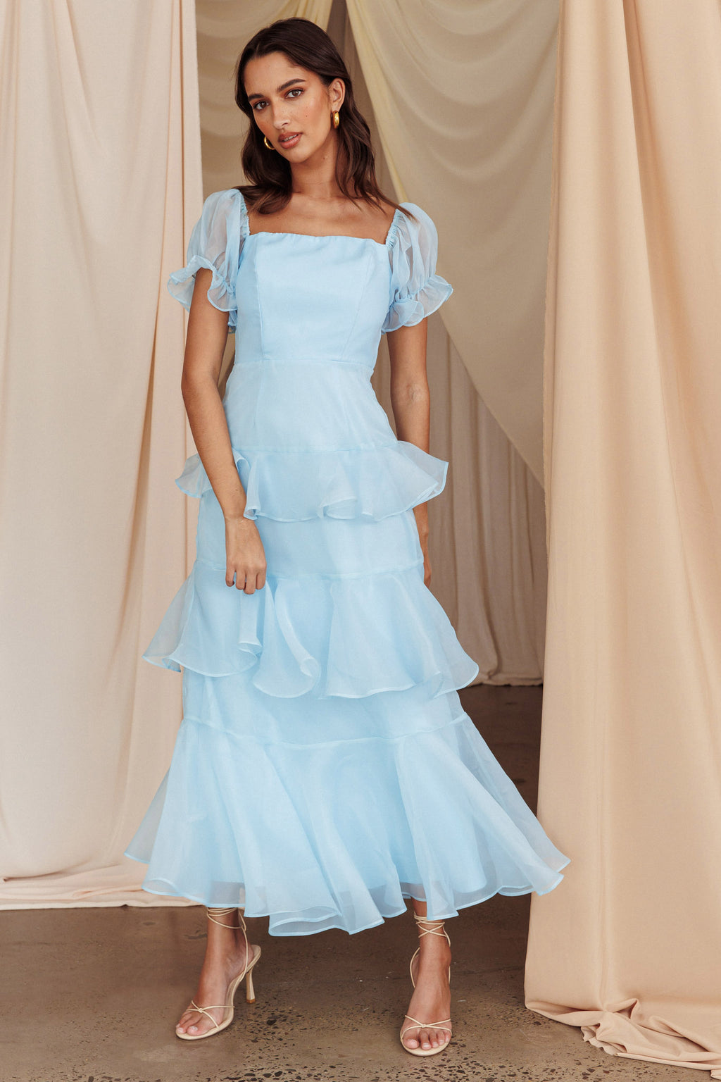 Delwynn Puff Sleeve Layered Midi Dress Blue by Selfie Leslie Australia