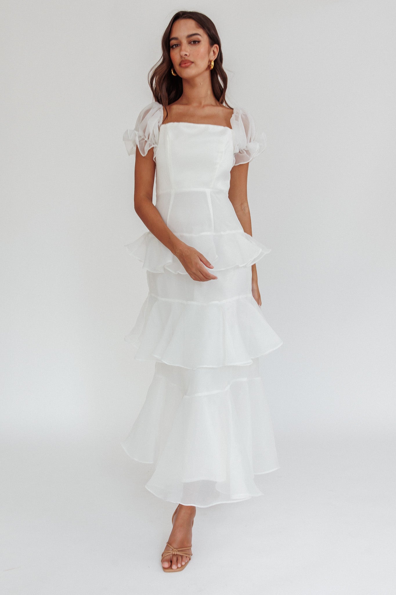 Delwynn Puff Sleeve Layered Midi Dress White by Selfie Leslie Australia